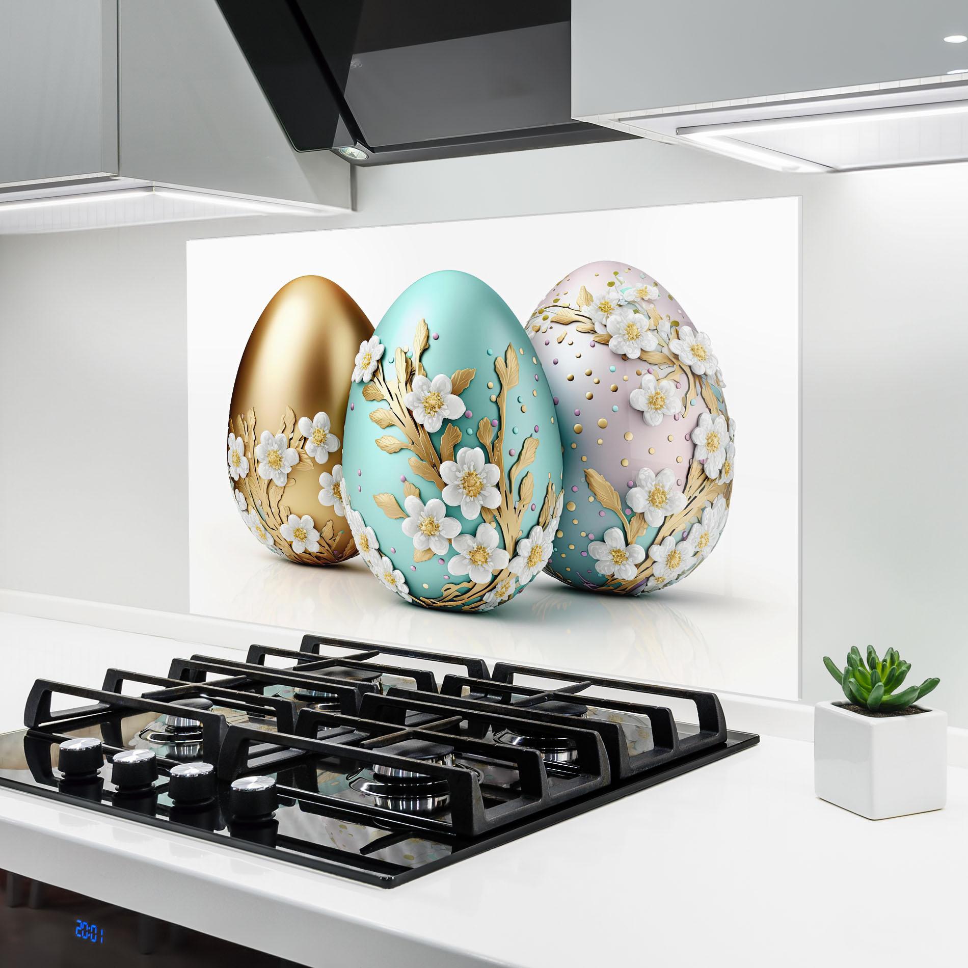 Küchenrückwand Glas Gold Blue Easter Eggs mockup 6
