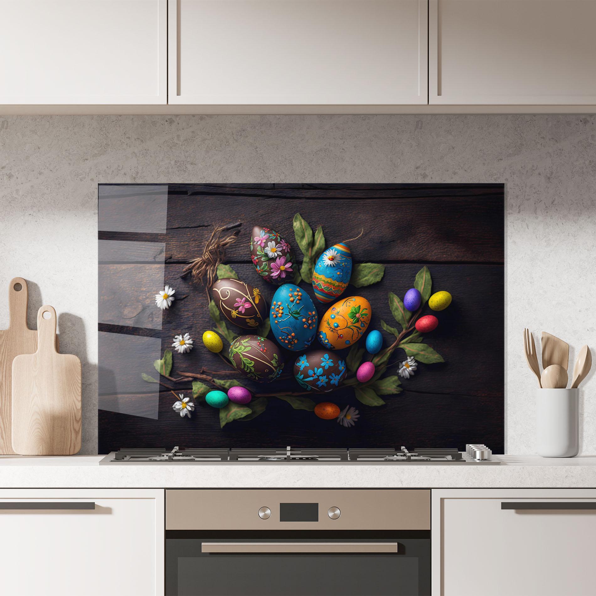 Küchenrückwand Glas Colorful Easter Decarations mockup 7
