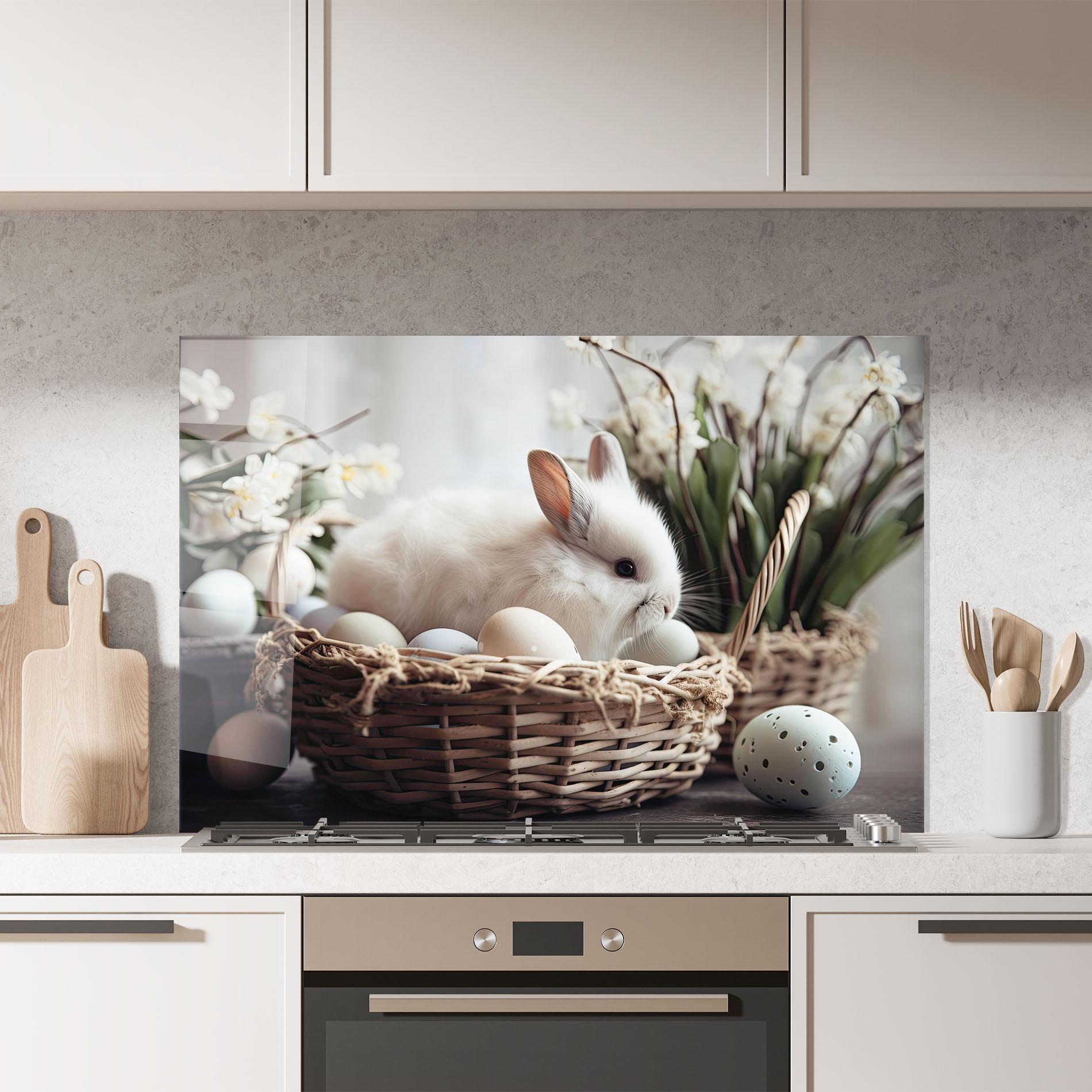 Küchenrückwand Glas Cute White Easter Eggs mockup 7