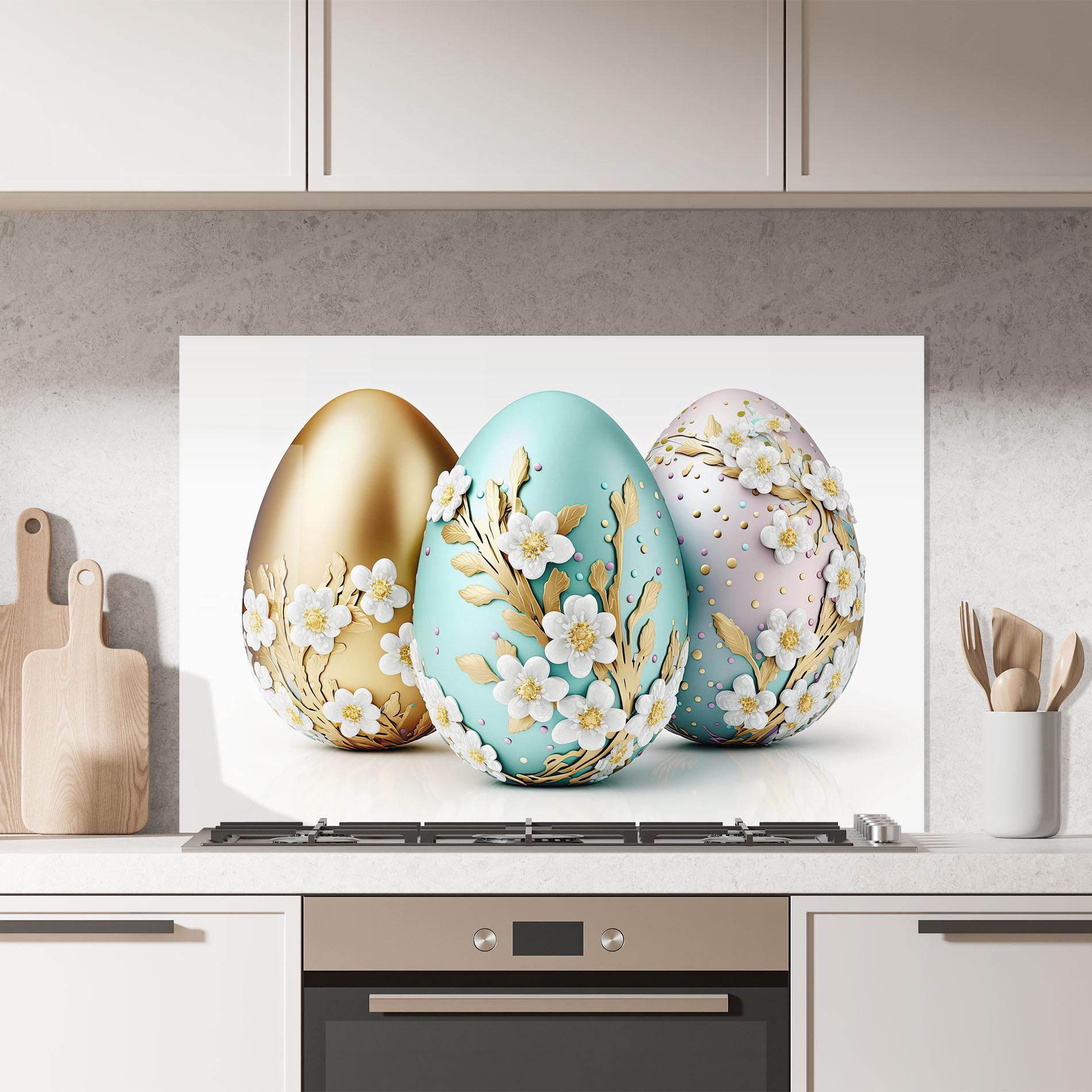 Küchenrückwand Glas Gold Blue Easter Eggs mockup 7