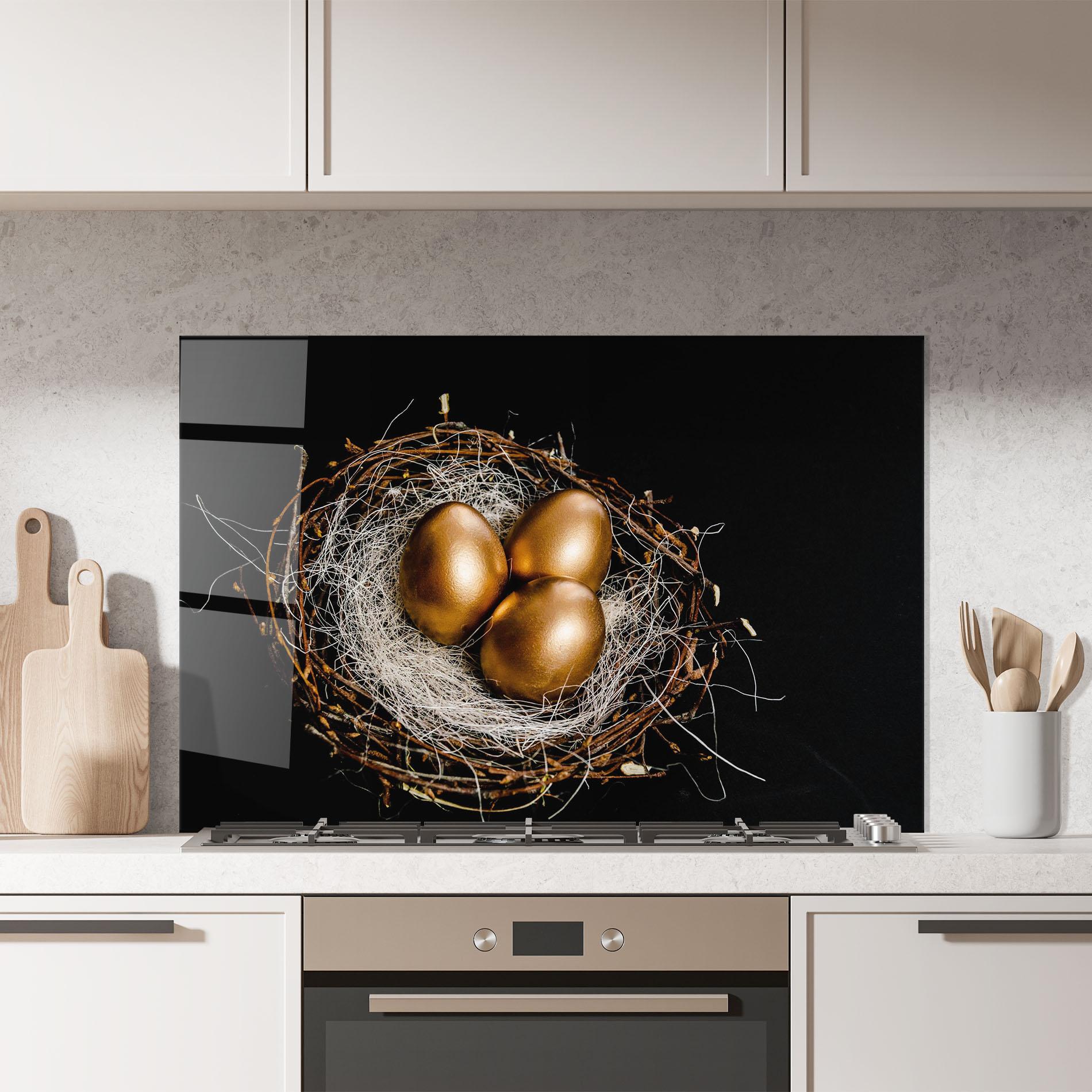Küchenrückwand Glas Pretty Golden Easter Eggs mockup 7