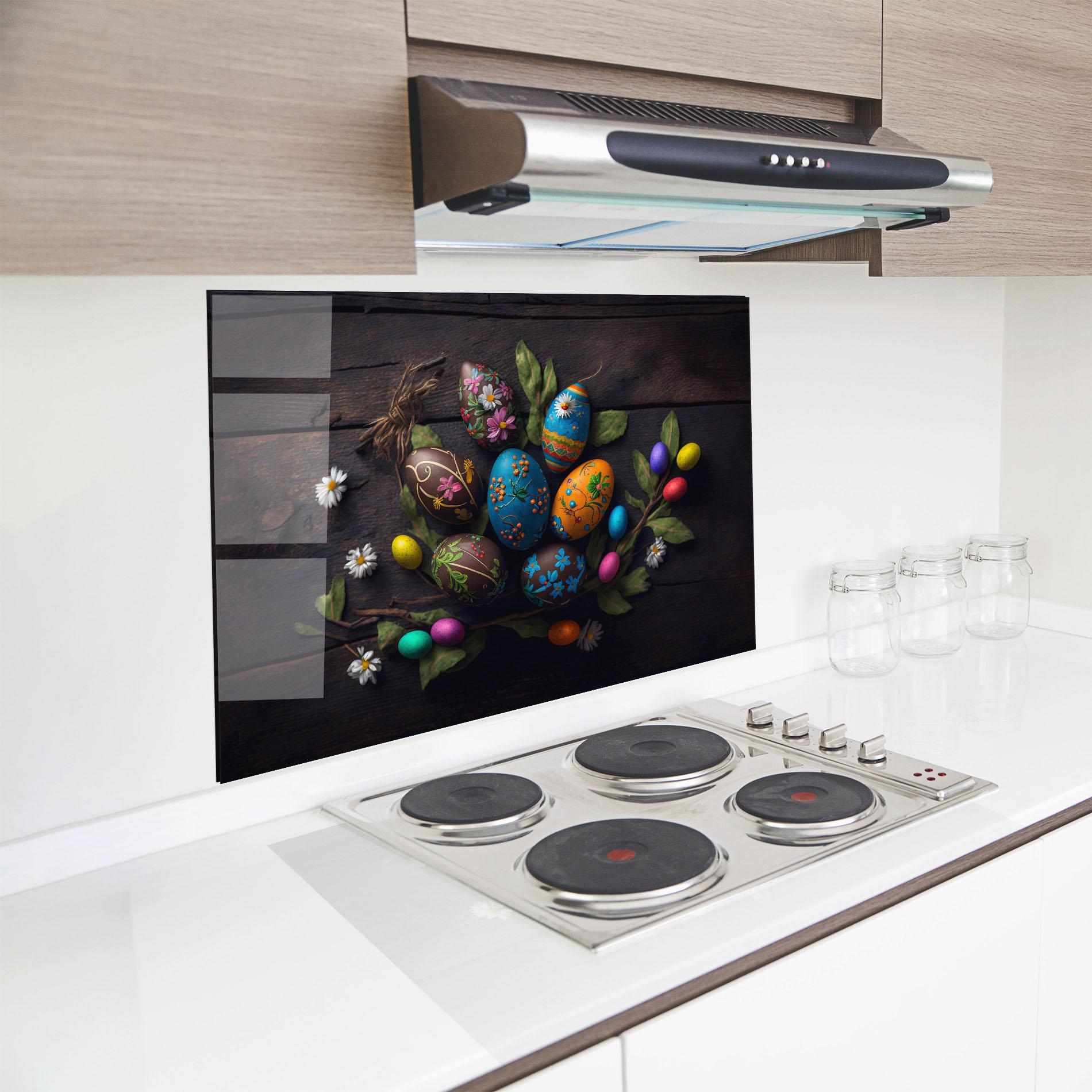 Küchenrückwand Glas Colorful Easter Decarations mockup 8