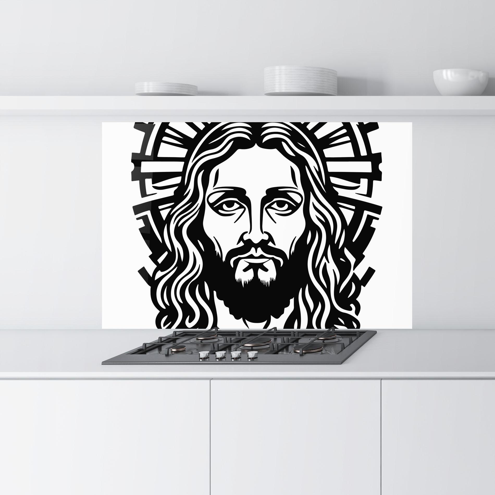 Küchenrückwand Glas Black Line Jesus mockup 9
