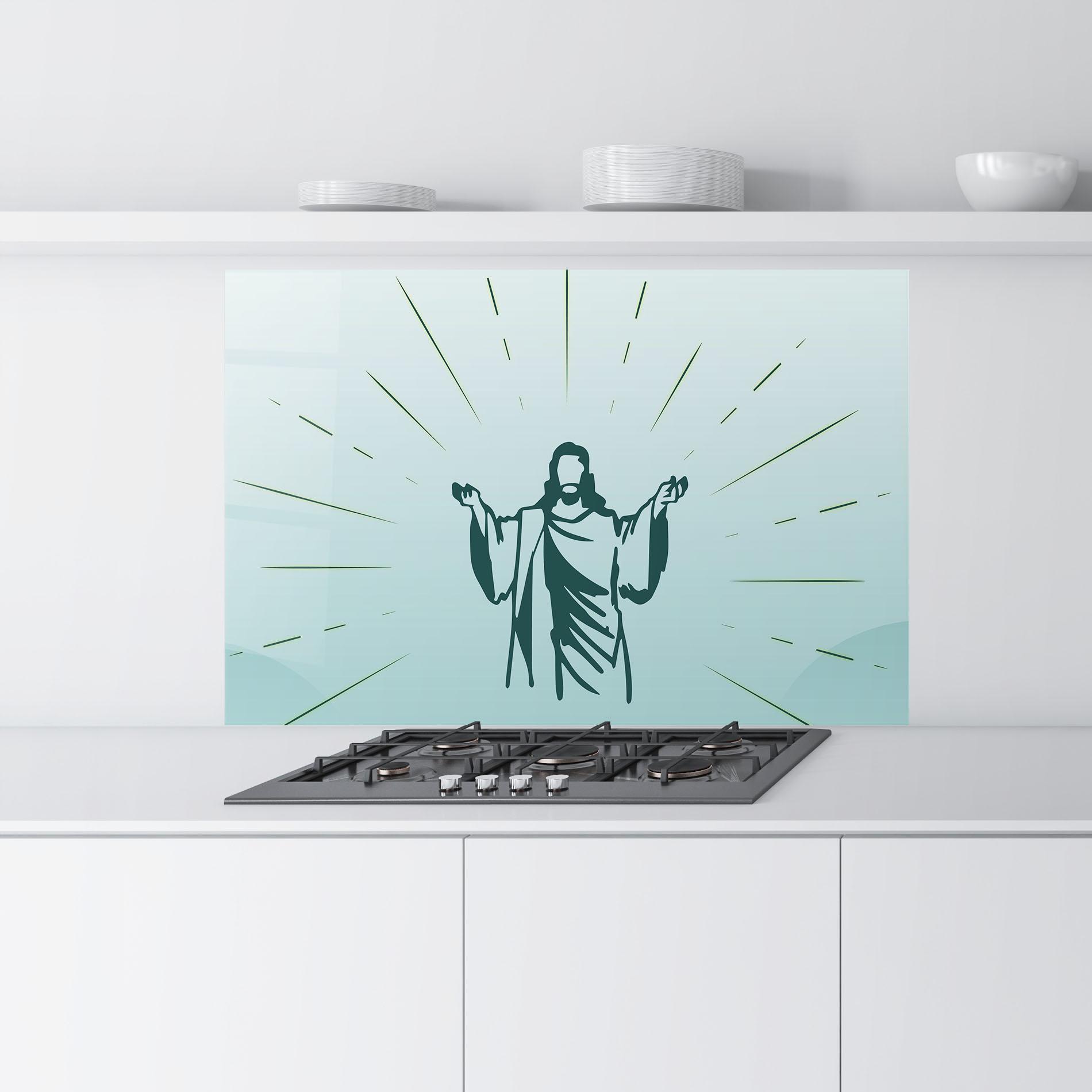 Küchenrückwand Glas Blue Art Jesus mockup 9