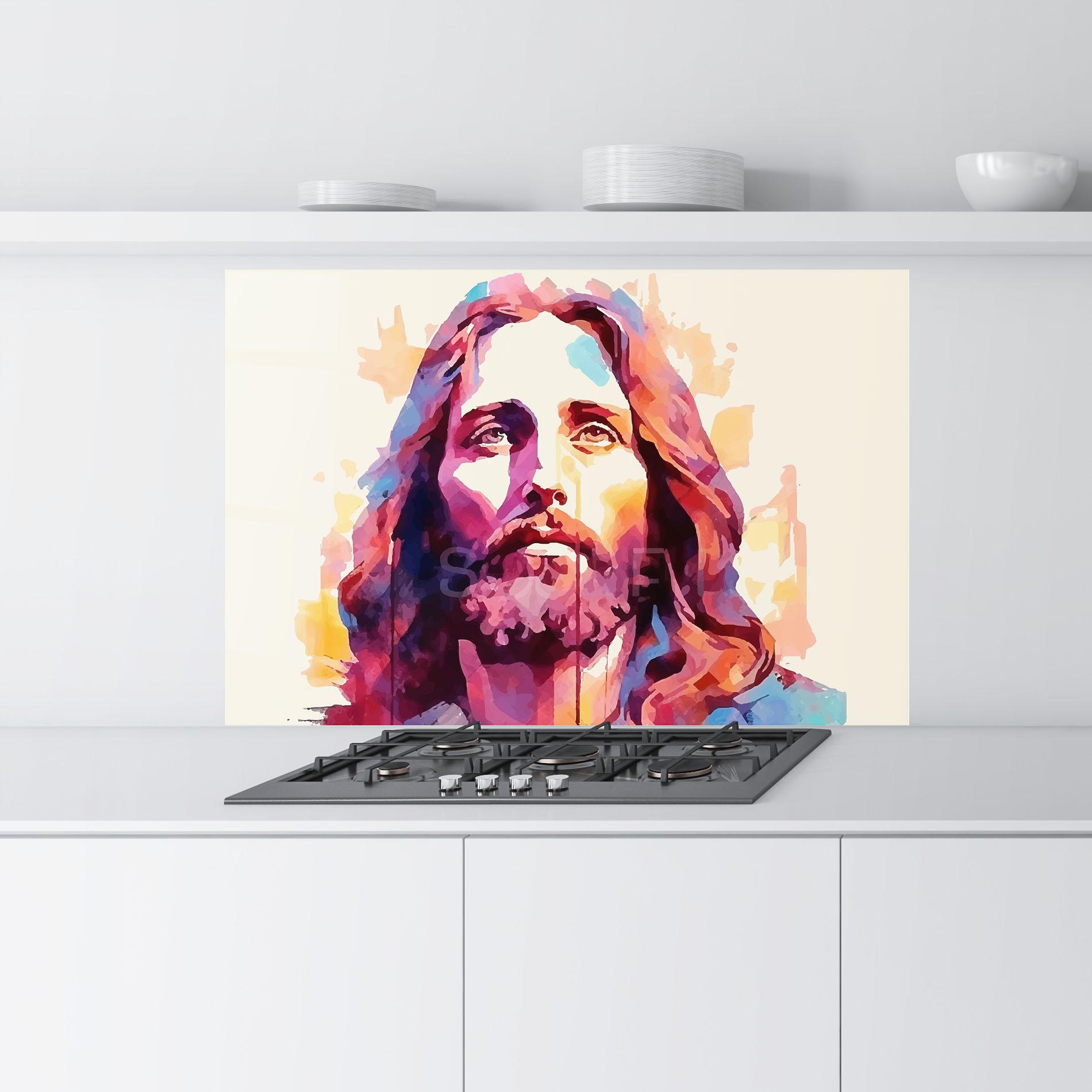 Küchenrückwand Glas Color Jesus mockup 9