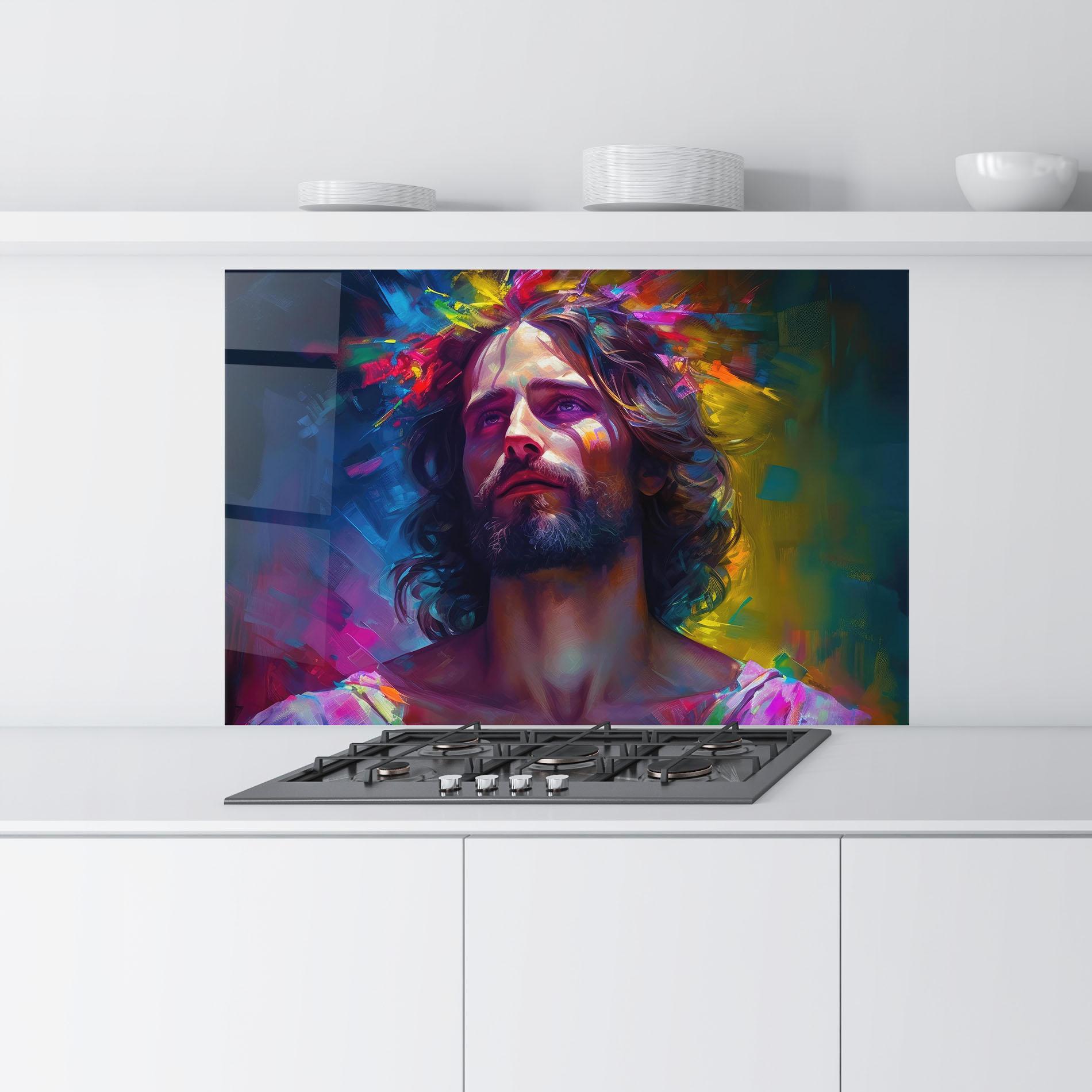 Küchenrückwand Glas Colorful Creative Jesus mockup 9