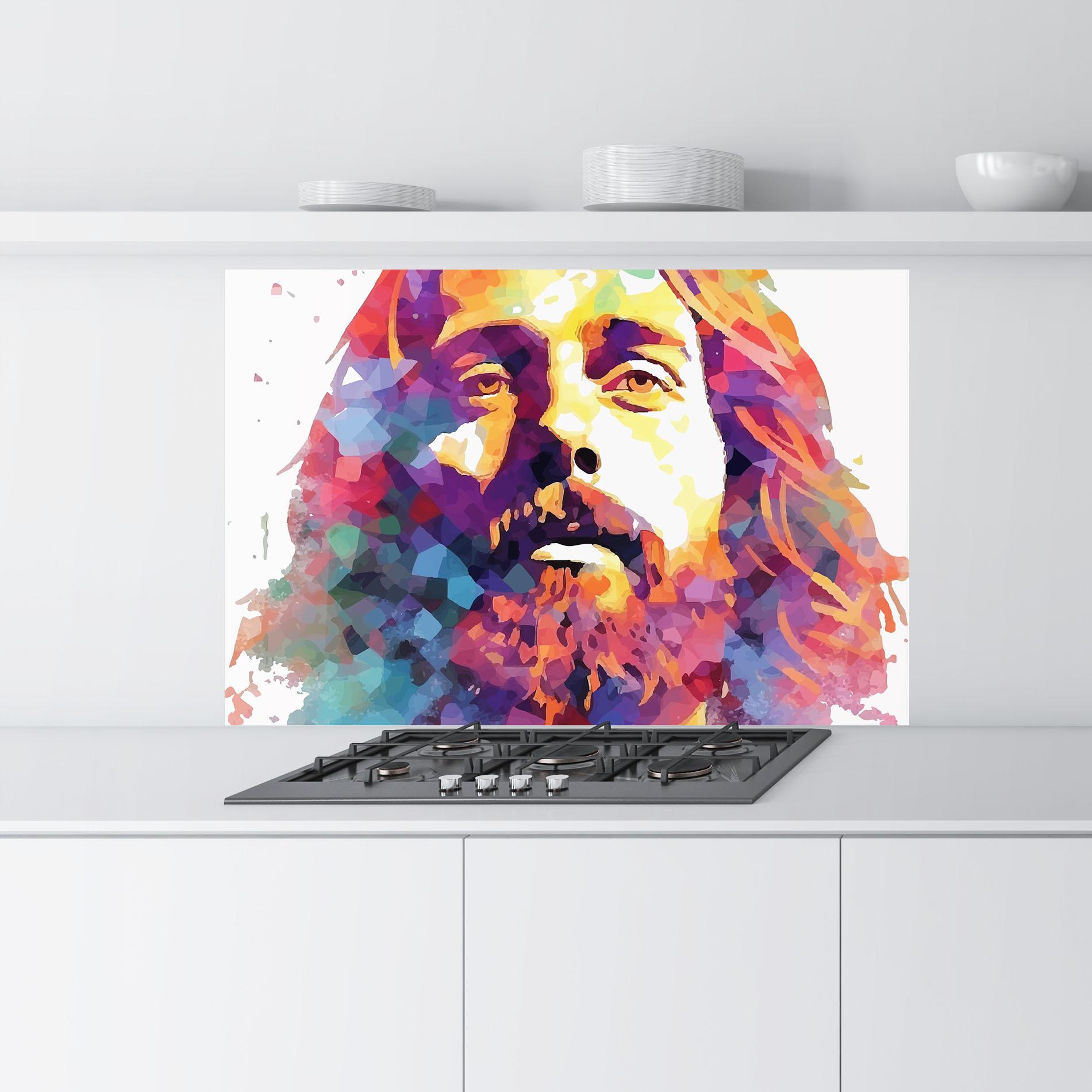 Küchenrückwand Glas Colorful Light Jesus mockup 9