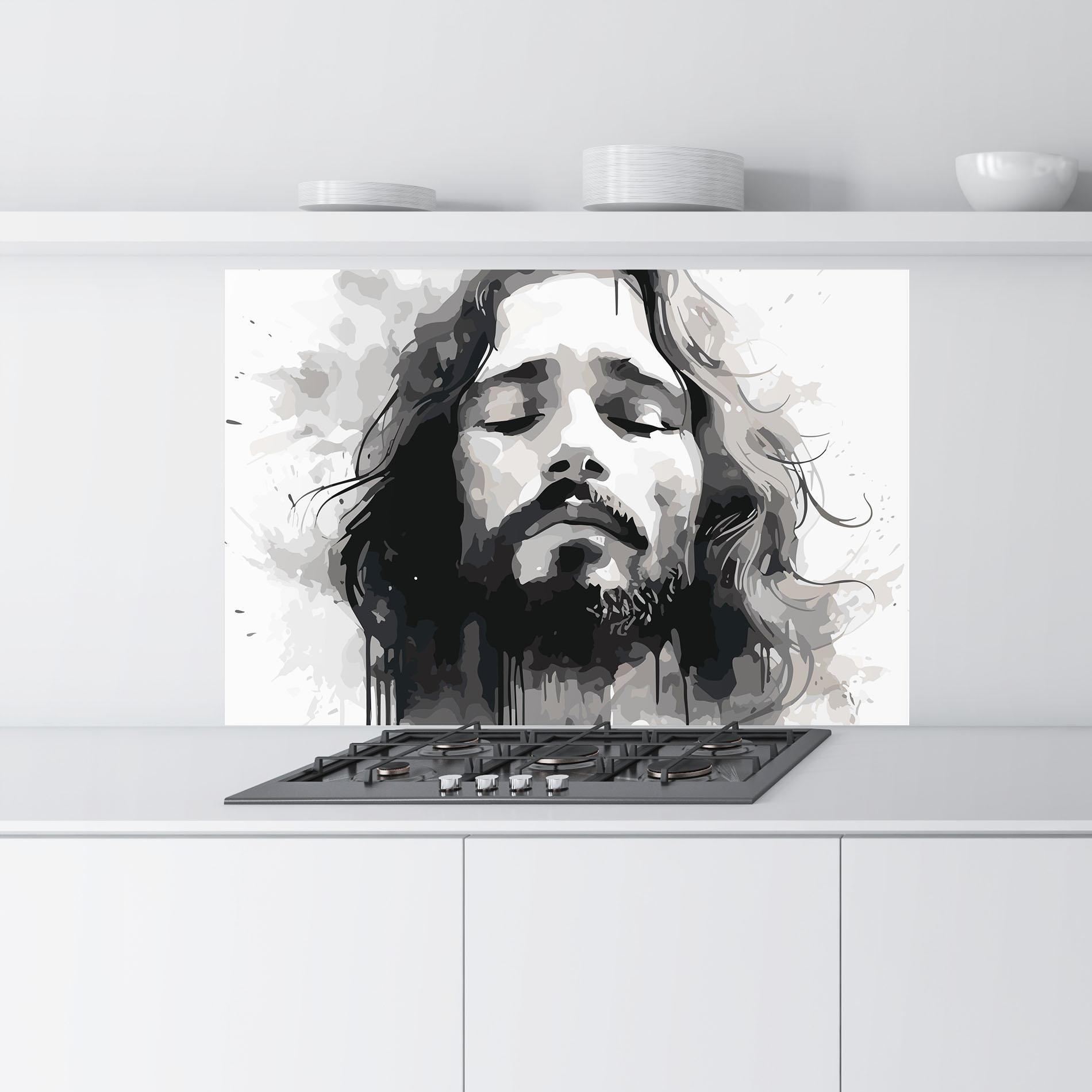 Küchenrückwand Glas Jesus Ink Art mockup 9