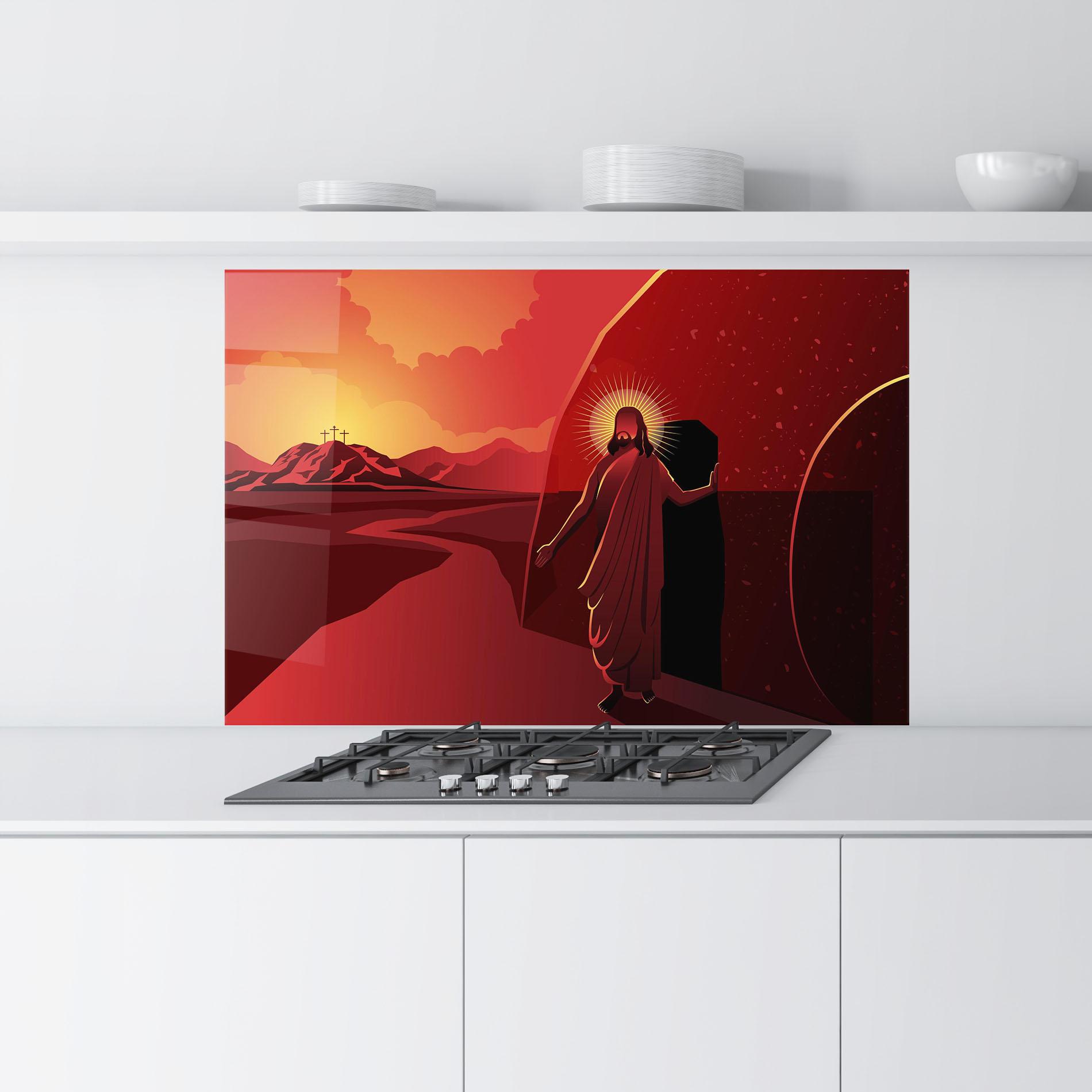 Küchenrückwand Glas Jesus Rises mockup 9