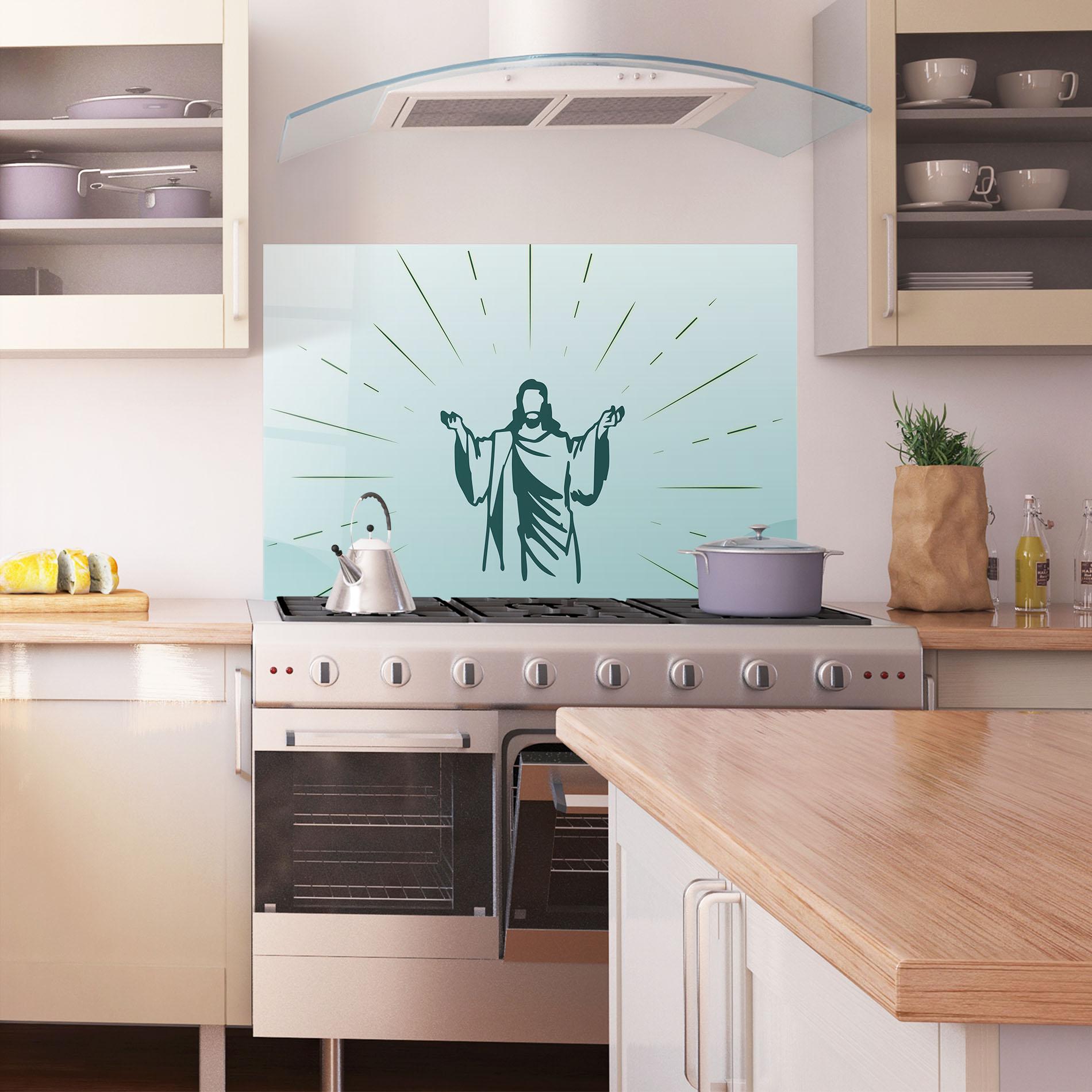 Küchenrückwand Glas Blue Art Jesus mockup 1