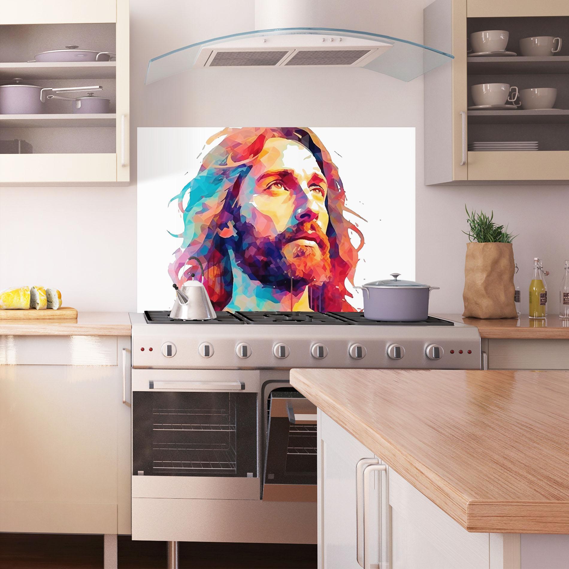 Küchenrückwand Glas Colorful Jesus mockup 1