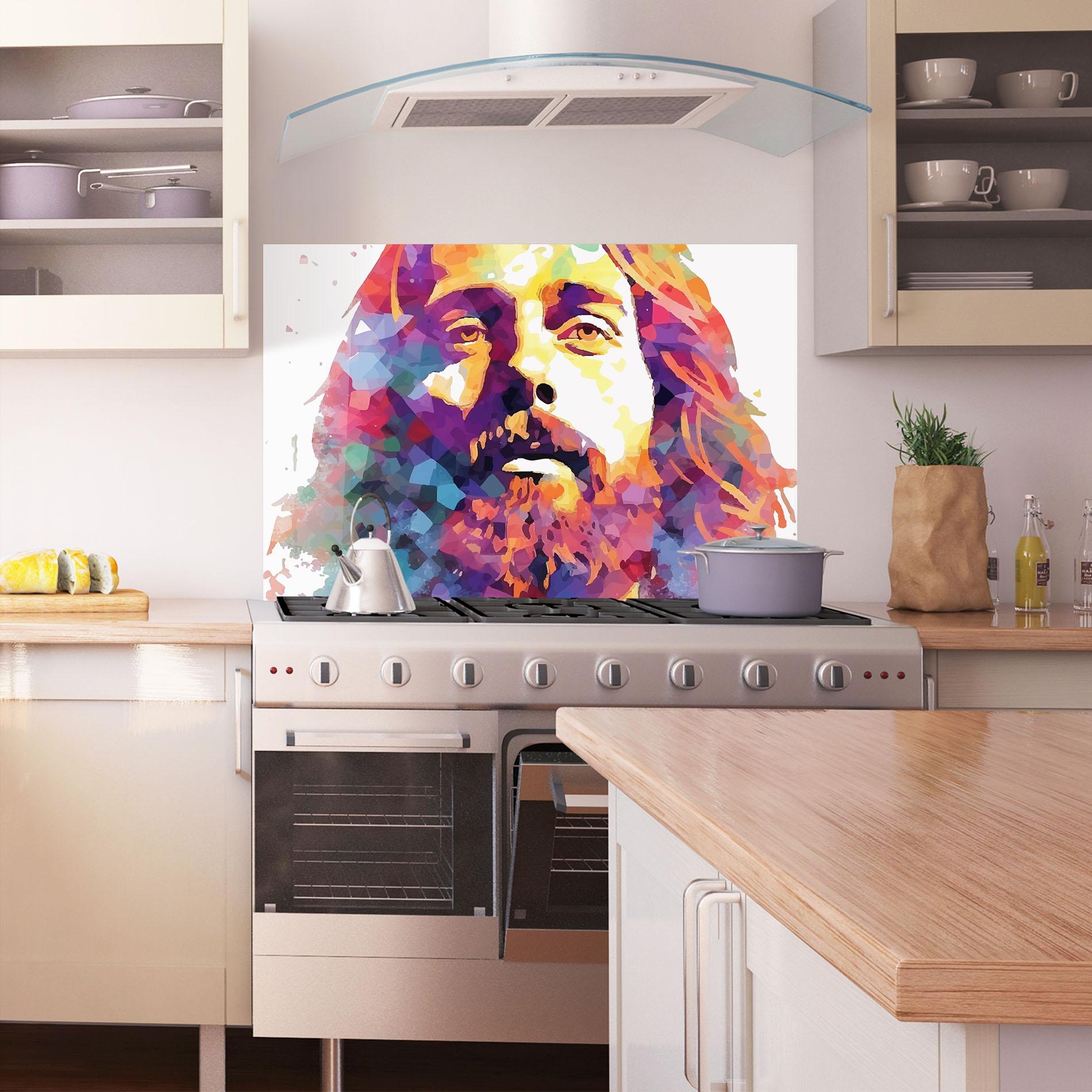 Küchenrückwand Glas Colorful Light Jesus mockup 1