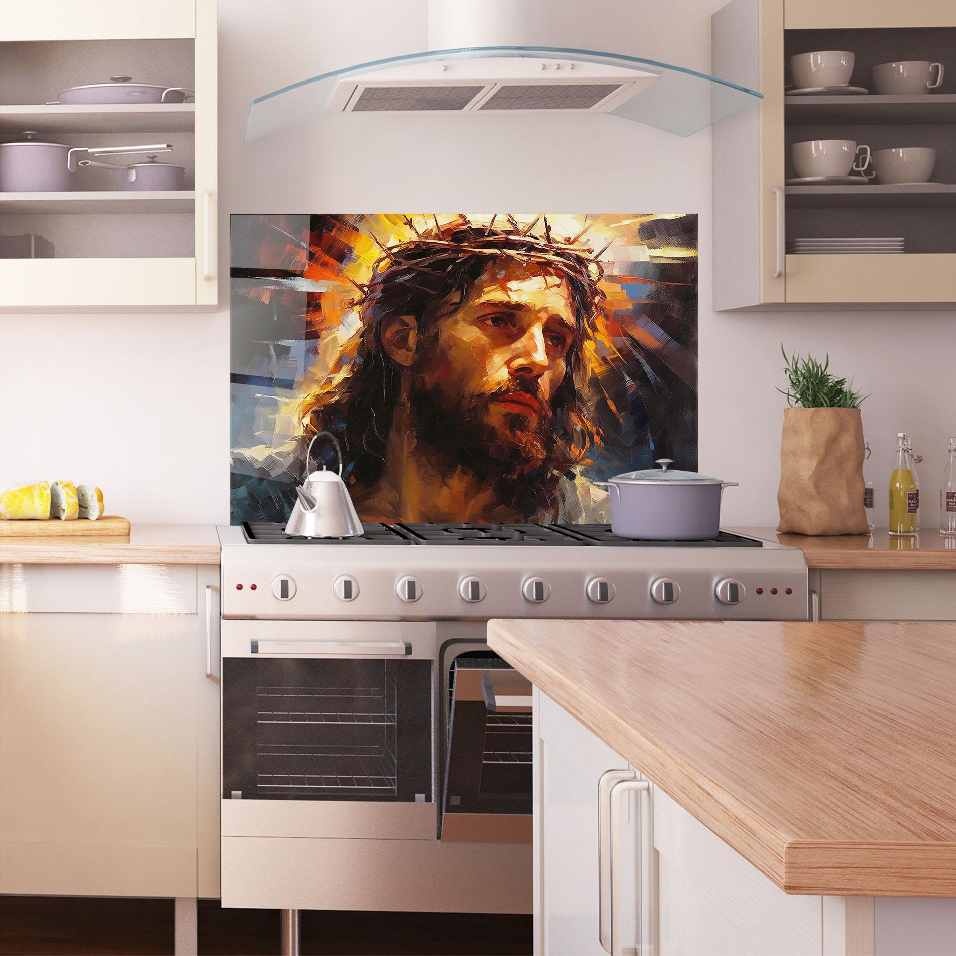 Küchenrückwand Glas Jesus Crown mockup 1