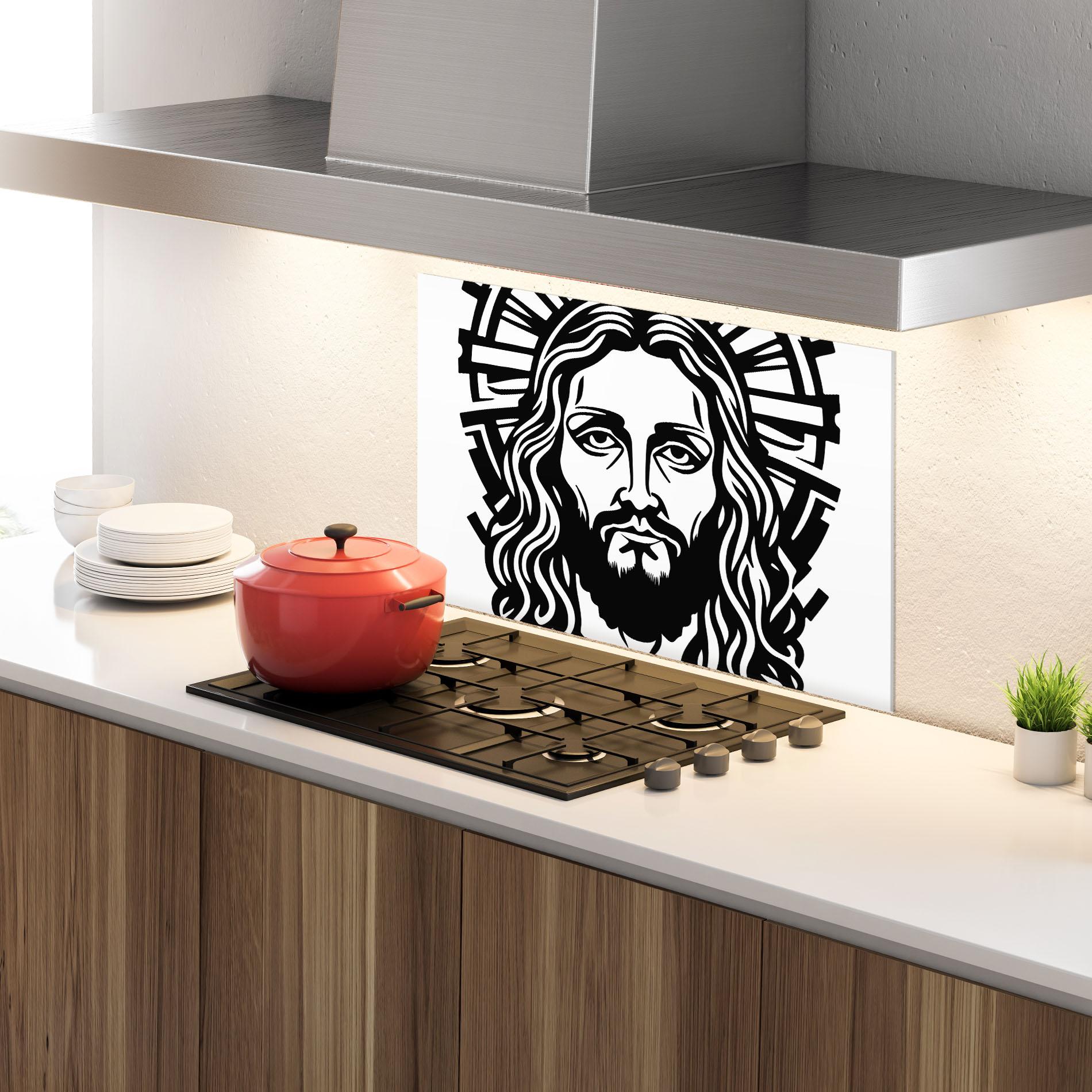 Küchenrückwand Glas Black Line Jesus mockup 4
