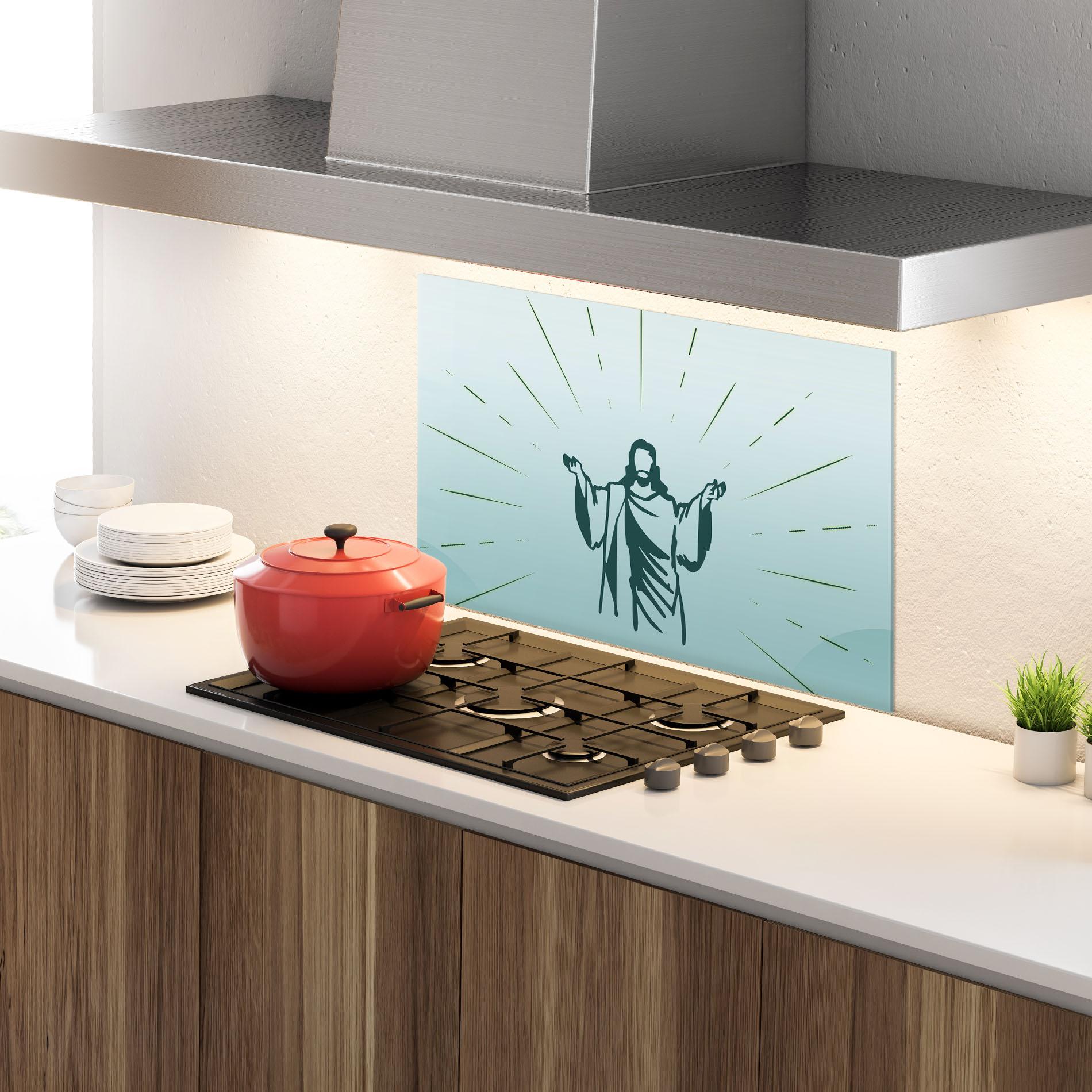 Küchenrückwand Glas Blue Art Jesus mockup 4