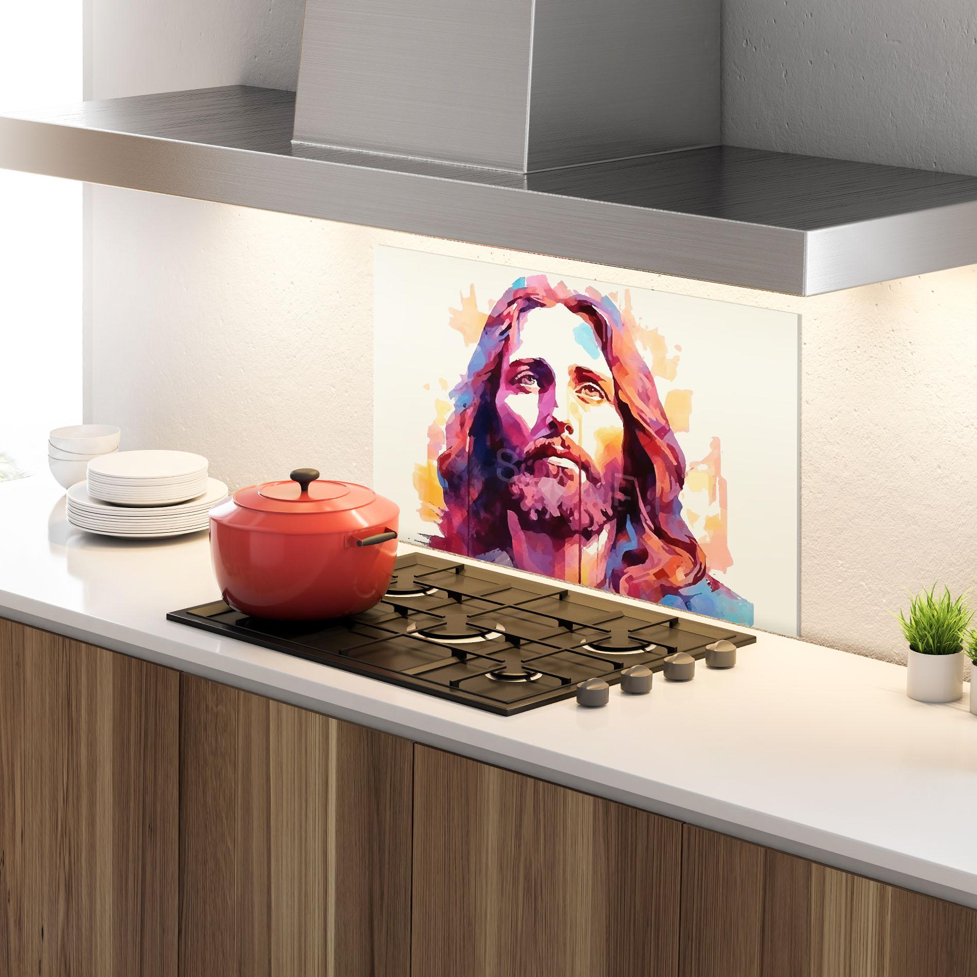 Küchenrückwand Glas Color Jesus mockup 4