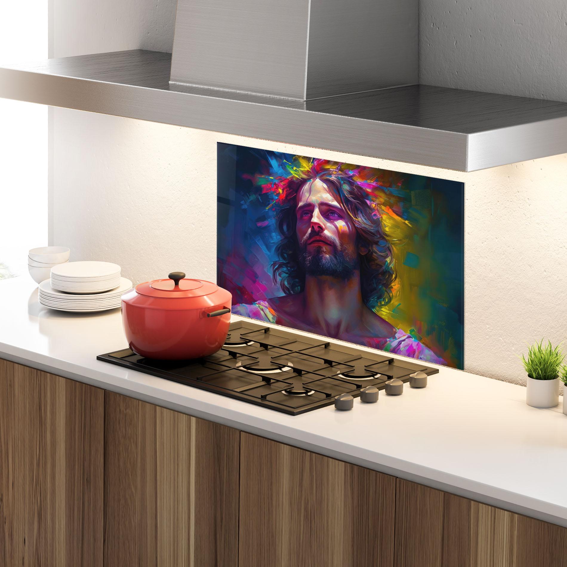 Küchenrückwand Glas Colorful Creative Jesus mockup 4