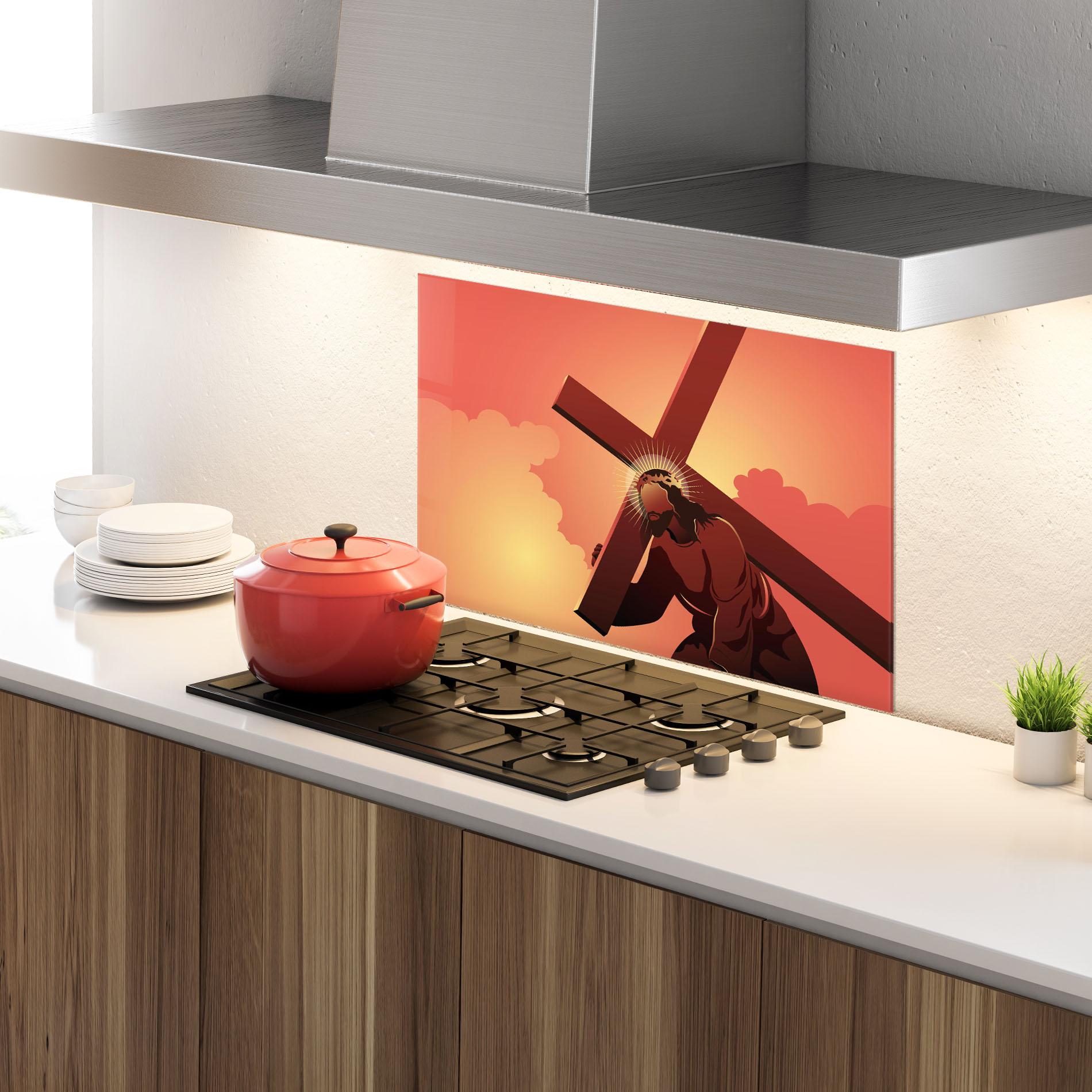 Küchenrückwand Glas Holding The Cross mockup 4