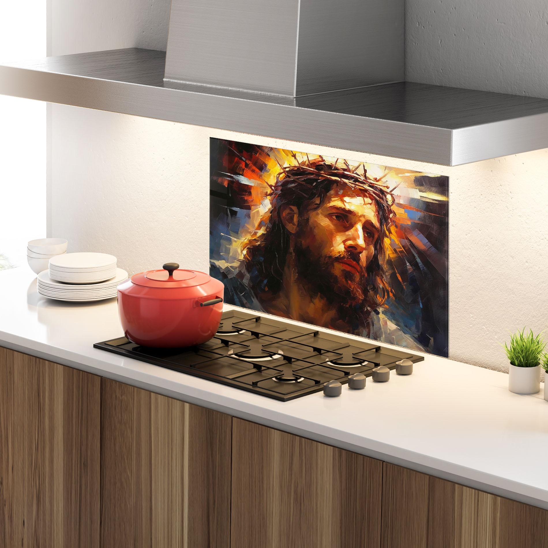Küchenrückwand Glas Jesus Crown mockup 4