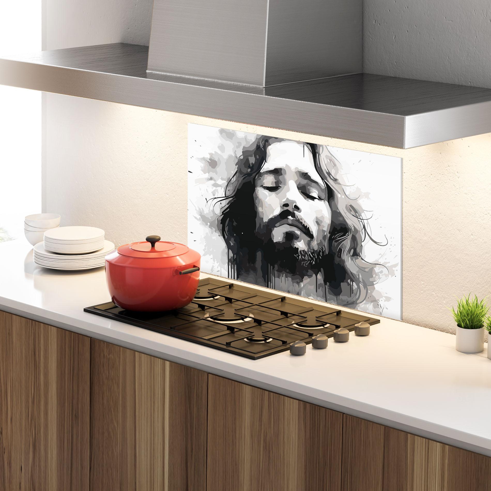 Küchenrückwand Glas Jesus Ink Art mockup 4