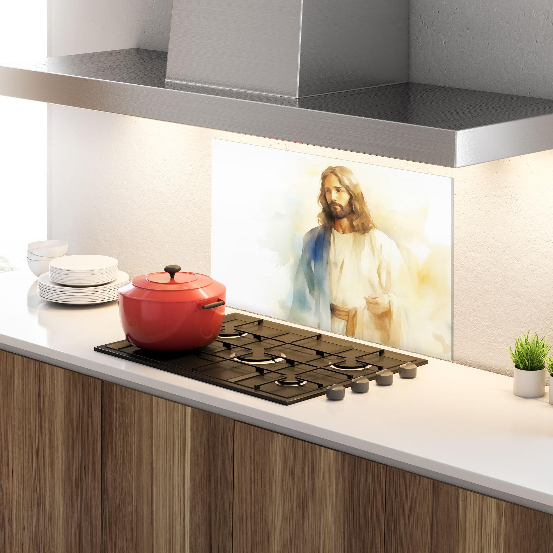 Küchenrückwand Glas Jesus Light Art mockup 4