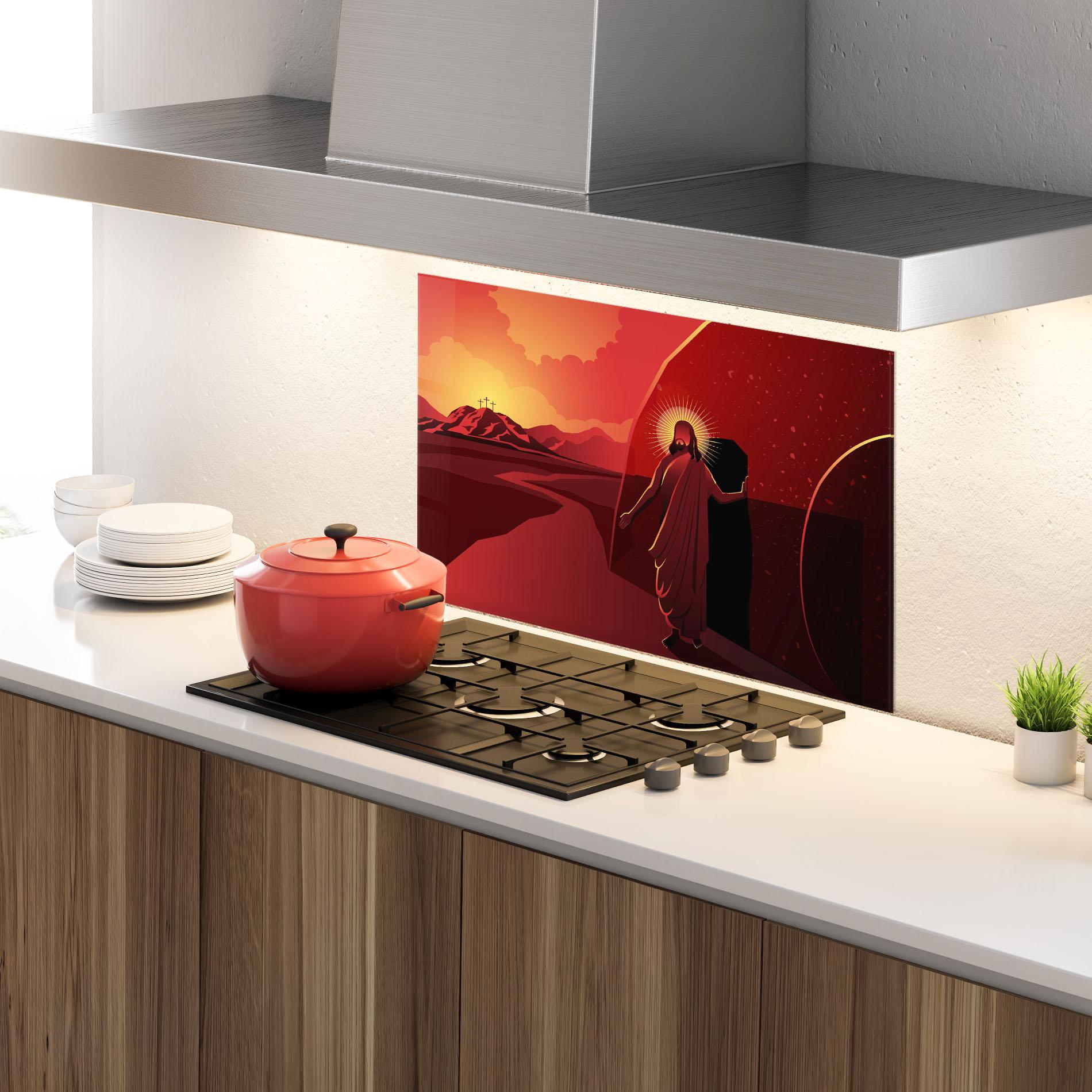 Küchenrückwand Glas Jesus Rises mockup 4