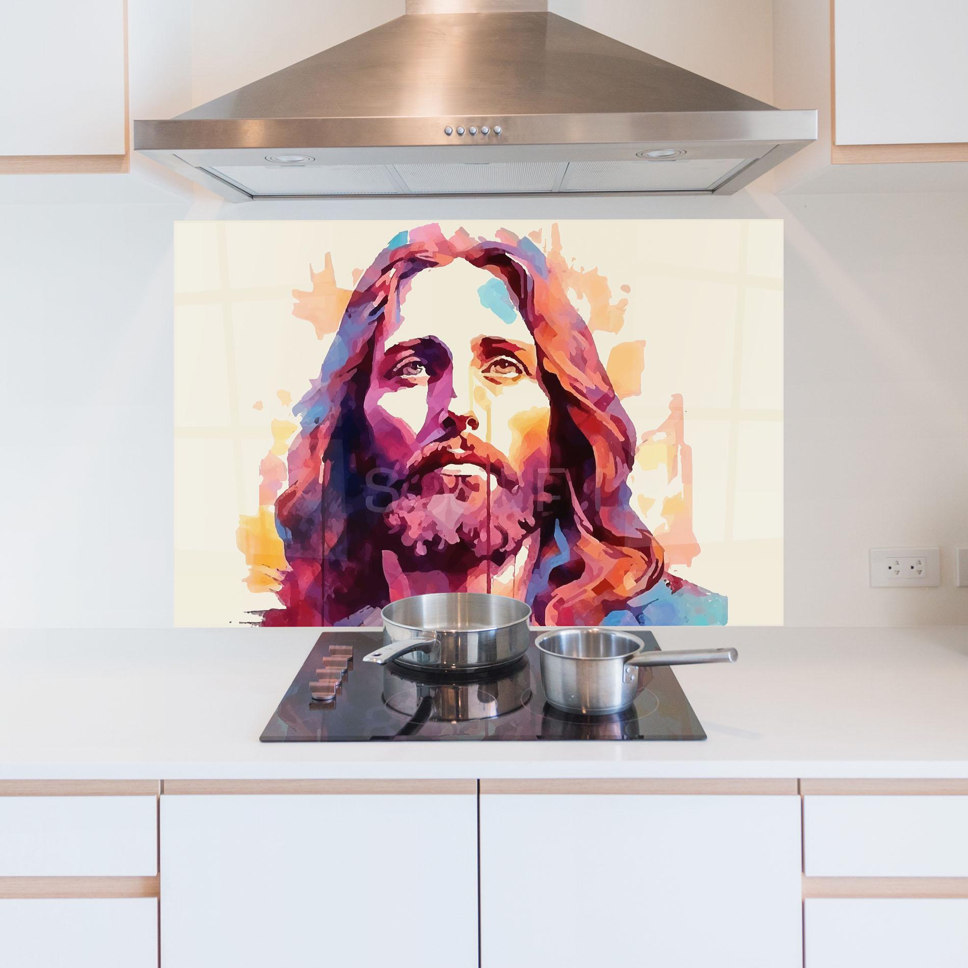 Küchenrückwand Glas Color Jesus mockup 5