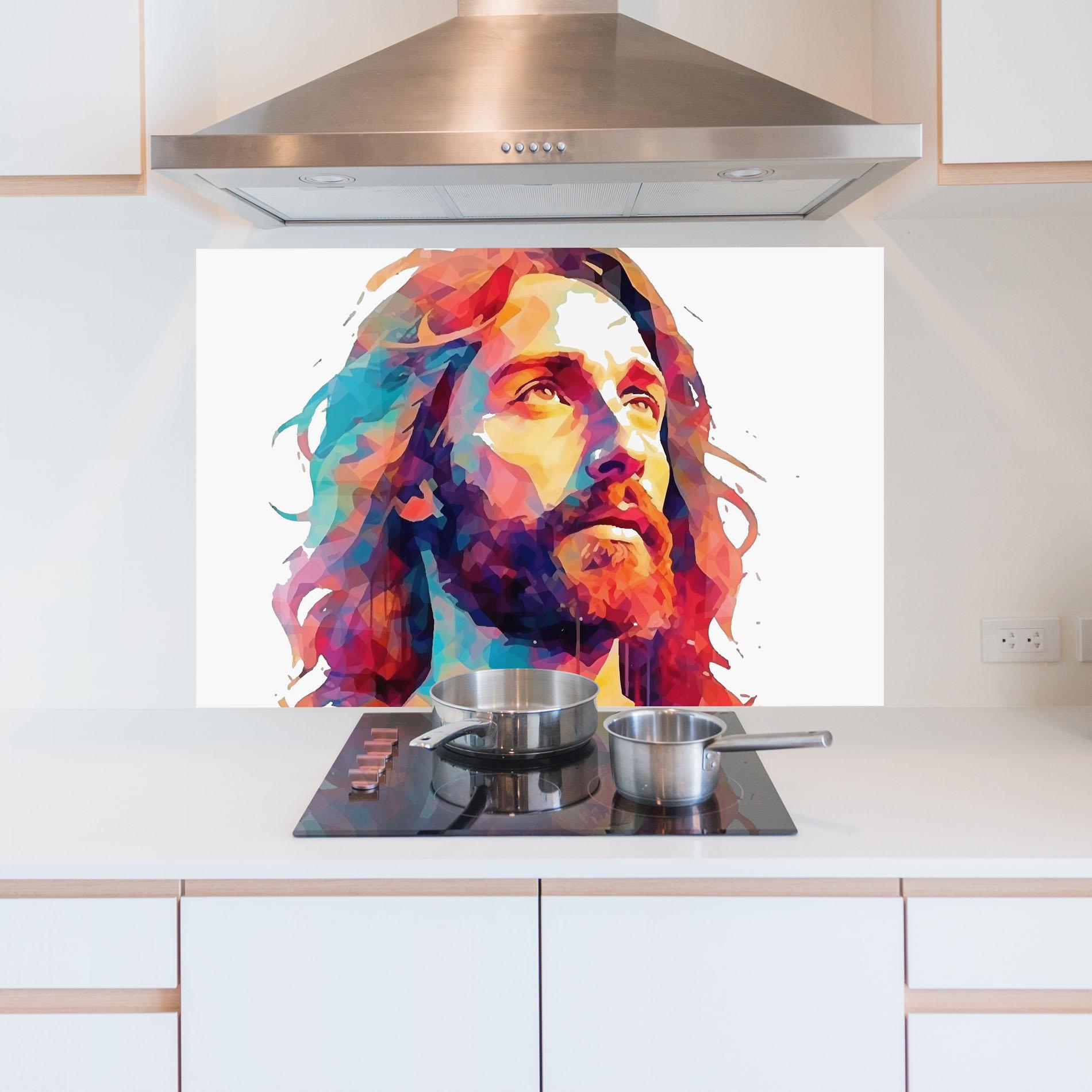 Küchenrückwand Glas Colorful Jesus mockup 5