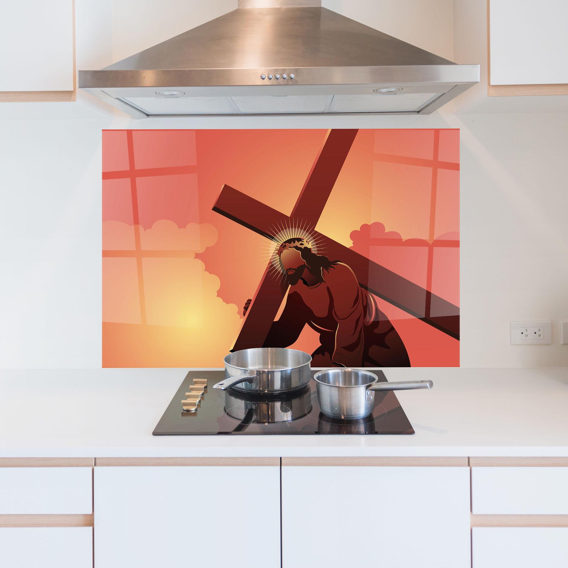 Küchenrückwand Glas Holding The Cross mockup 5