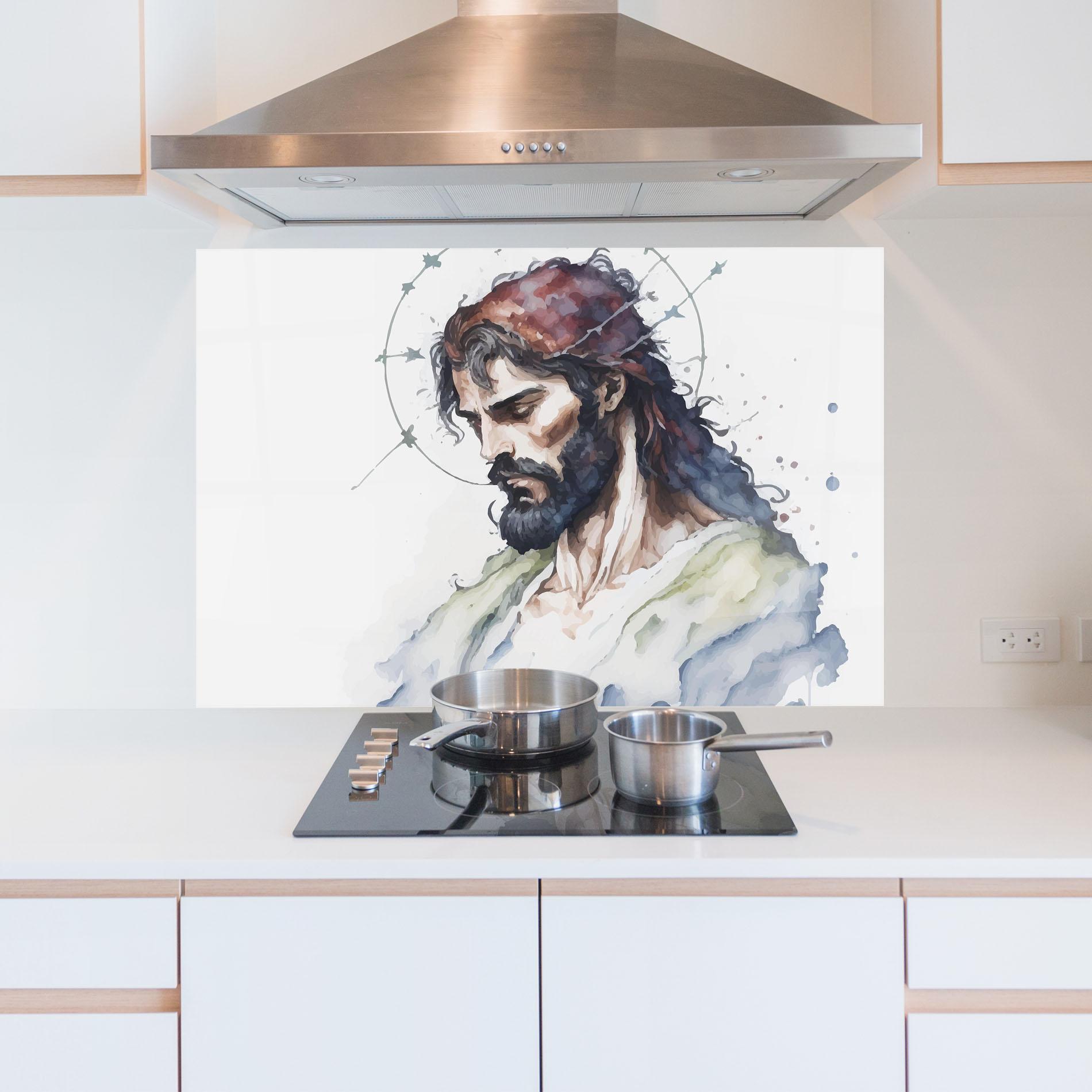 Küchenrückwand Glas Jesus Art mockup 5