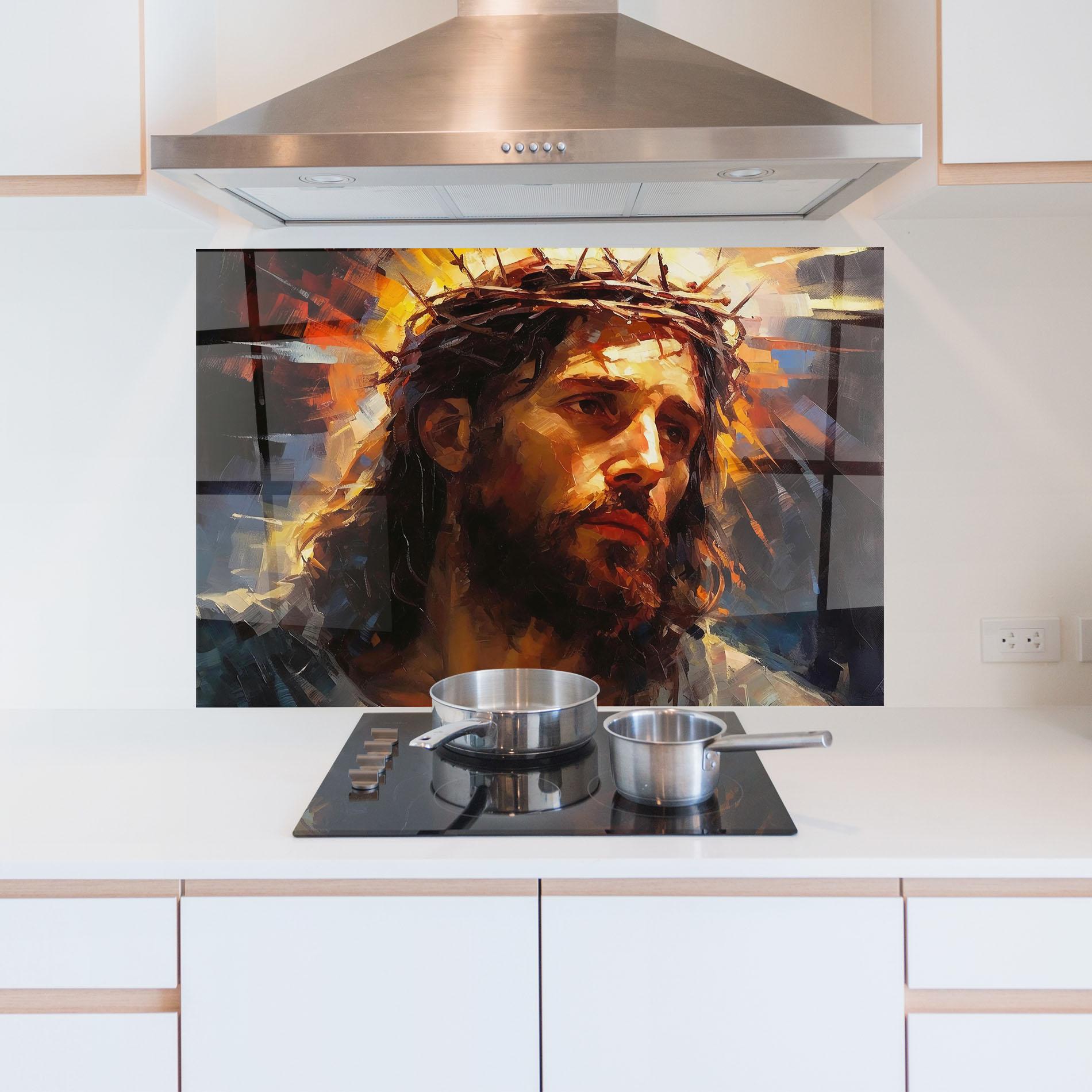 Küchenrückwand Glas Jesus Crown mockup 5