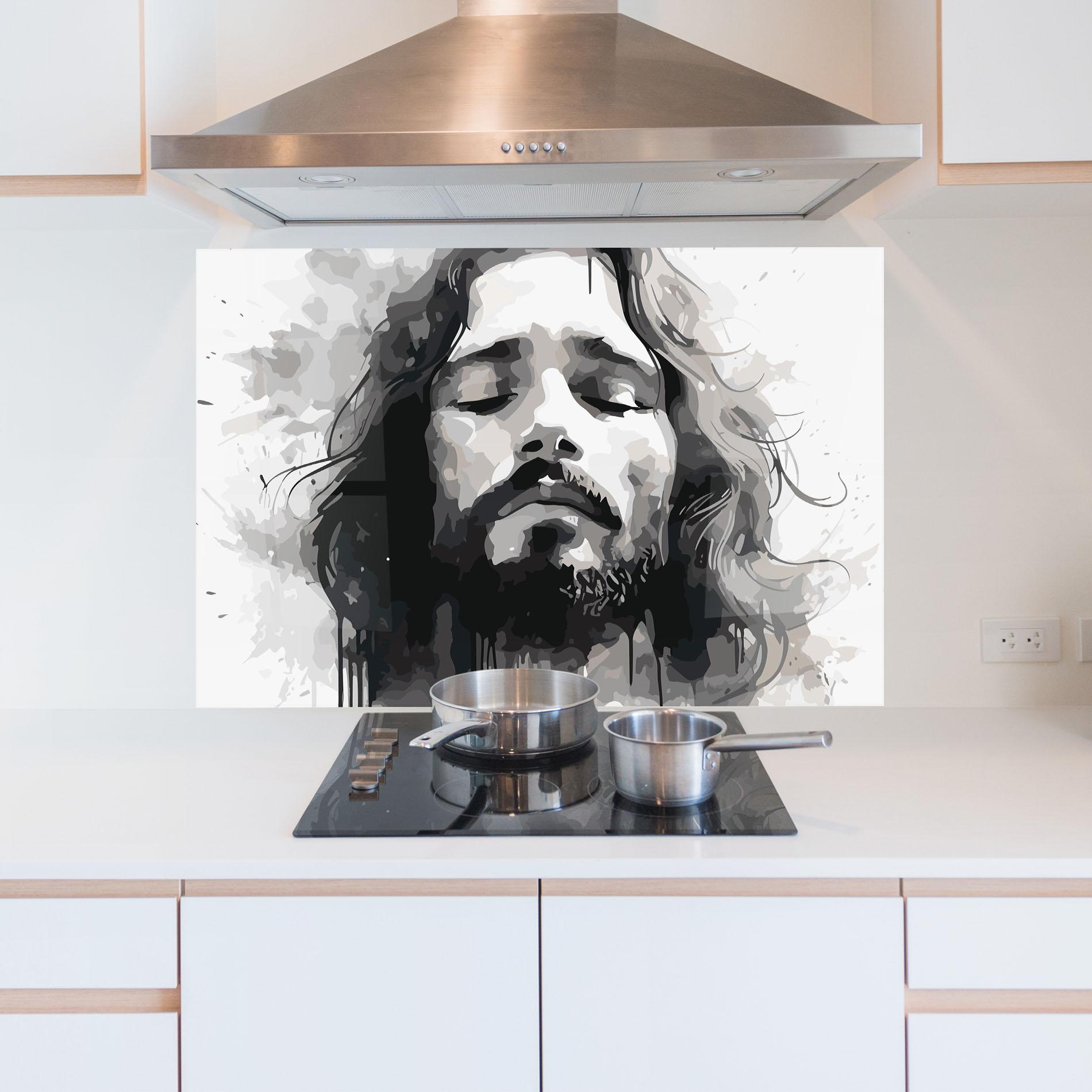 Küchenrückwand Glas Jesus Ink Art mockup 5