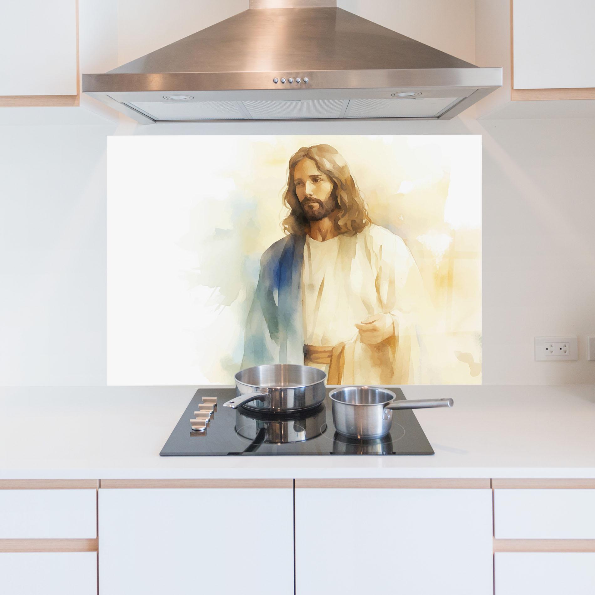 Küchenrückwand Glas Jesus Light Art mockup 5