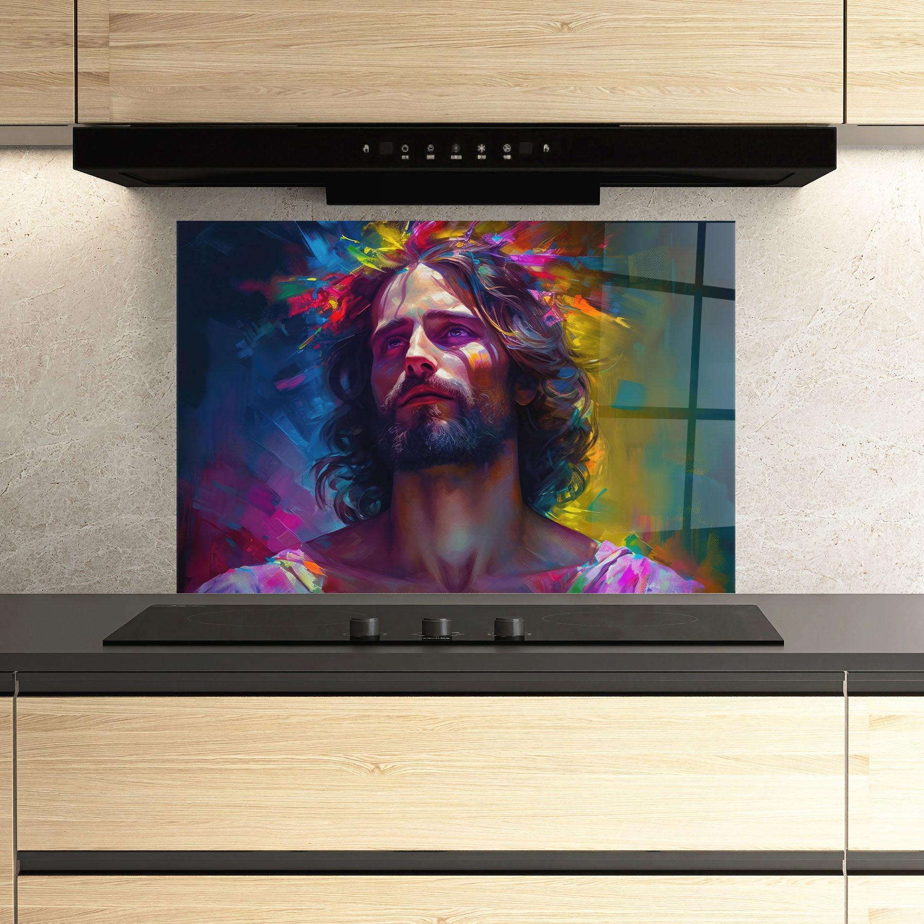 Küchenrückwand Glas Colorful Creative Jesus mockup 3