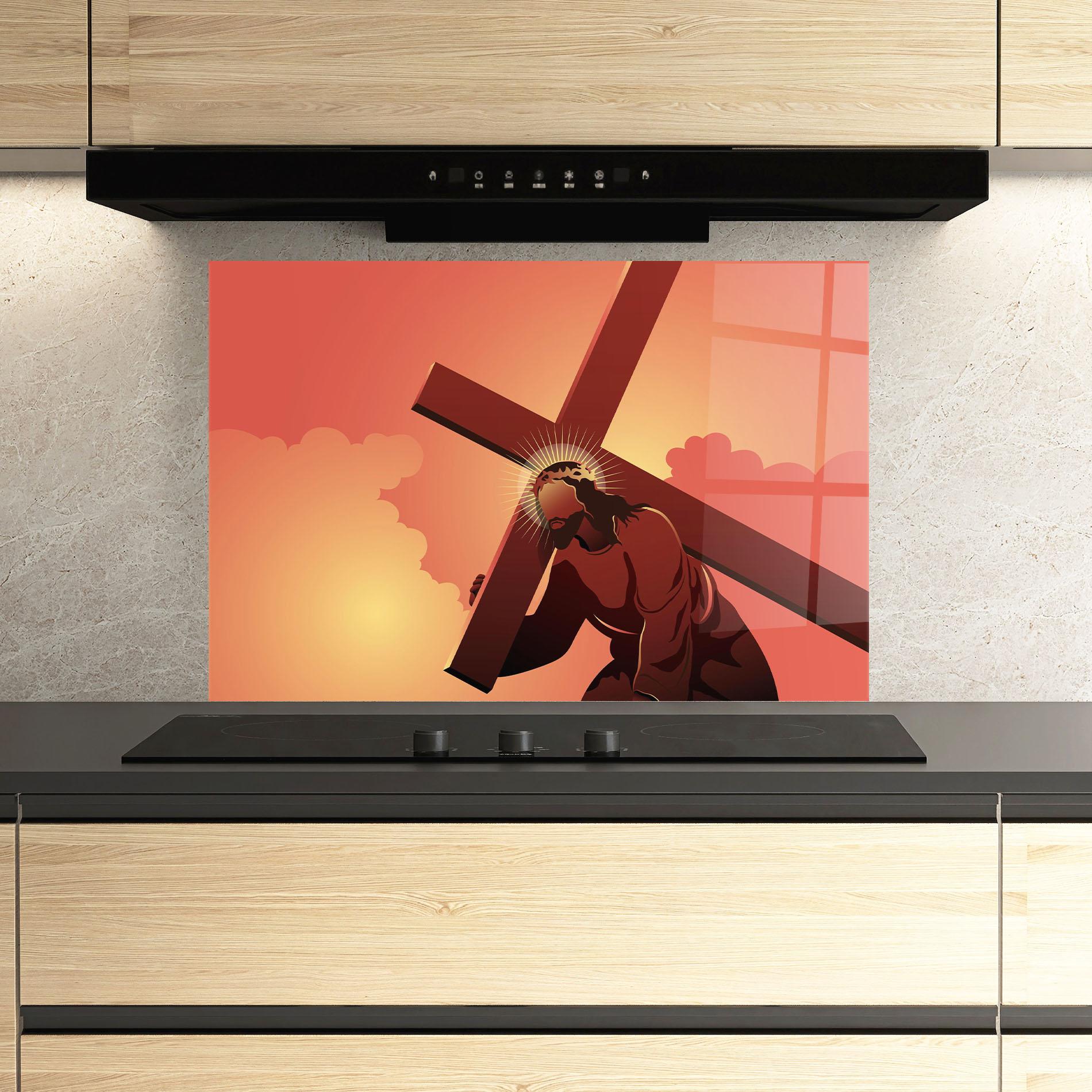 Küchenrückwand Glas Holding The Cross mockup 3