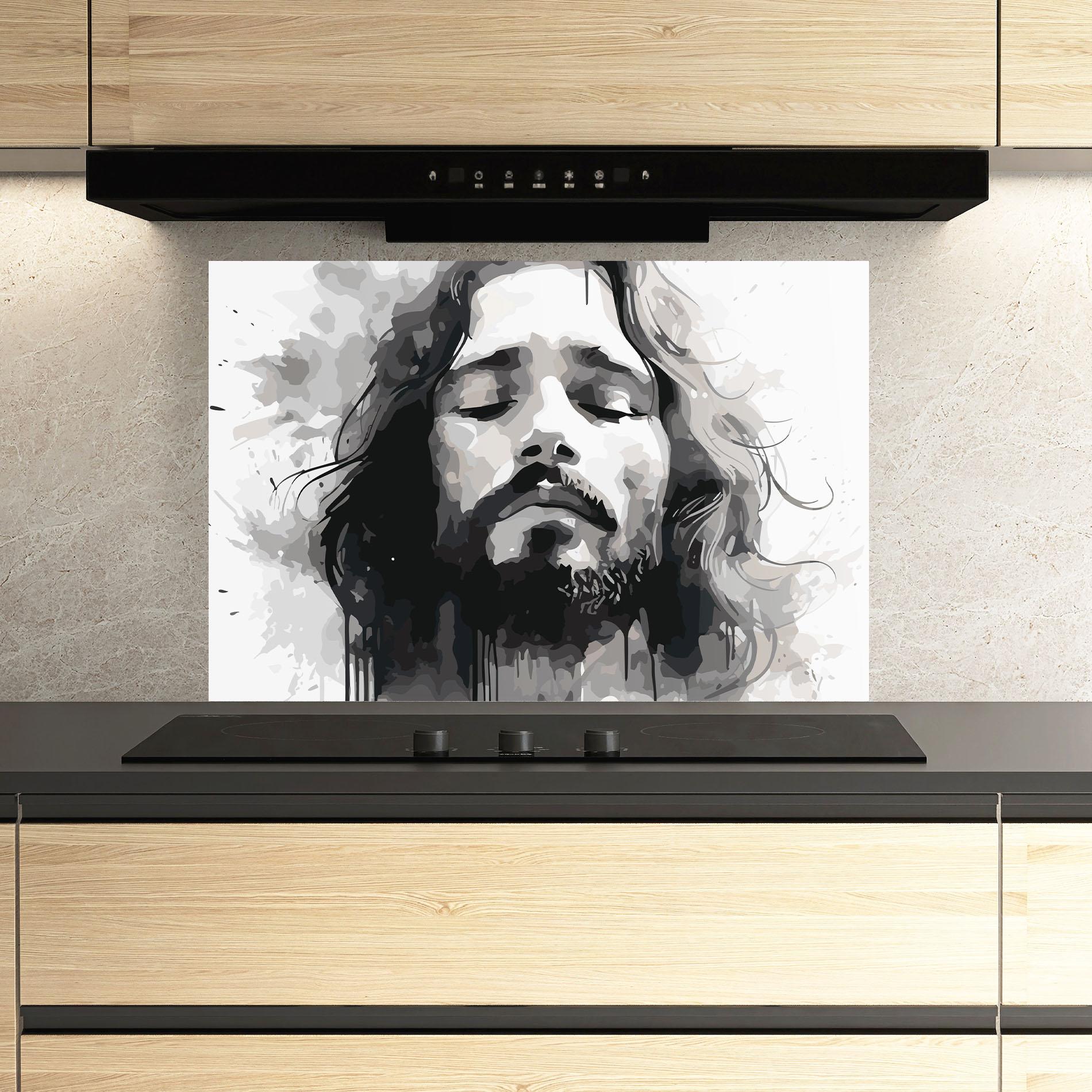 Küchenrückwand Glas Jesus Ink Art mockup 3