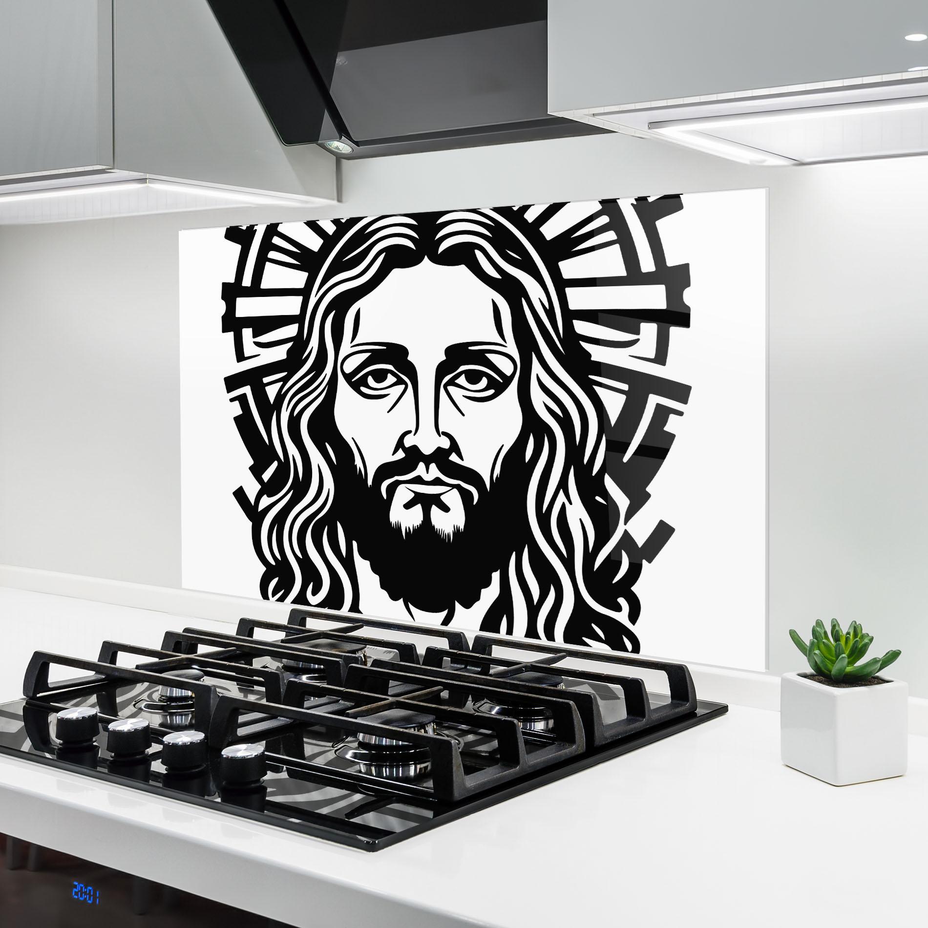 Küchenrückwand Glas Black Line Jesus mockup 6
