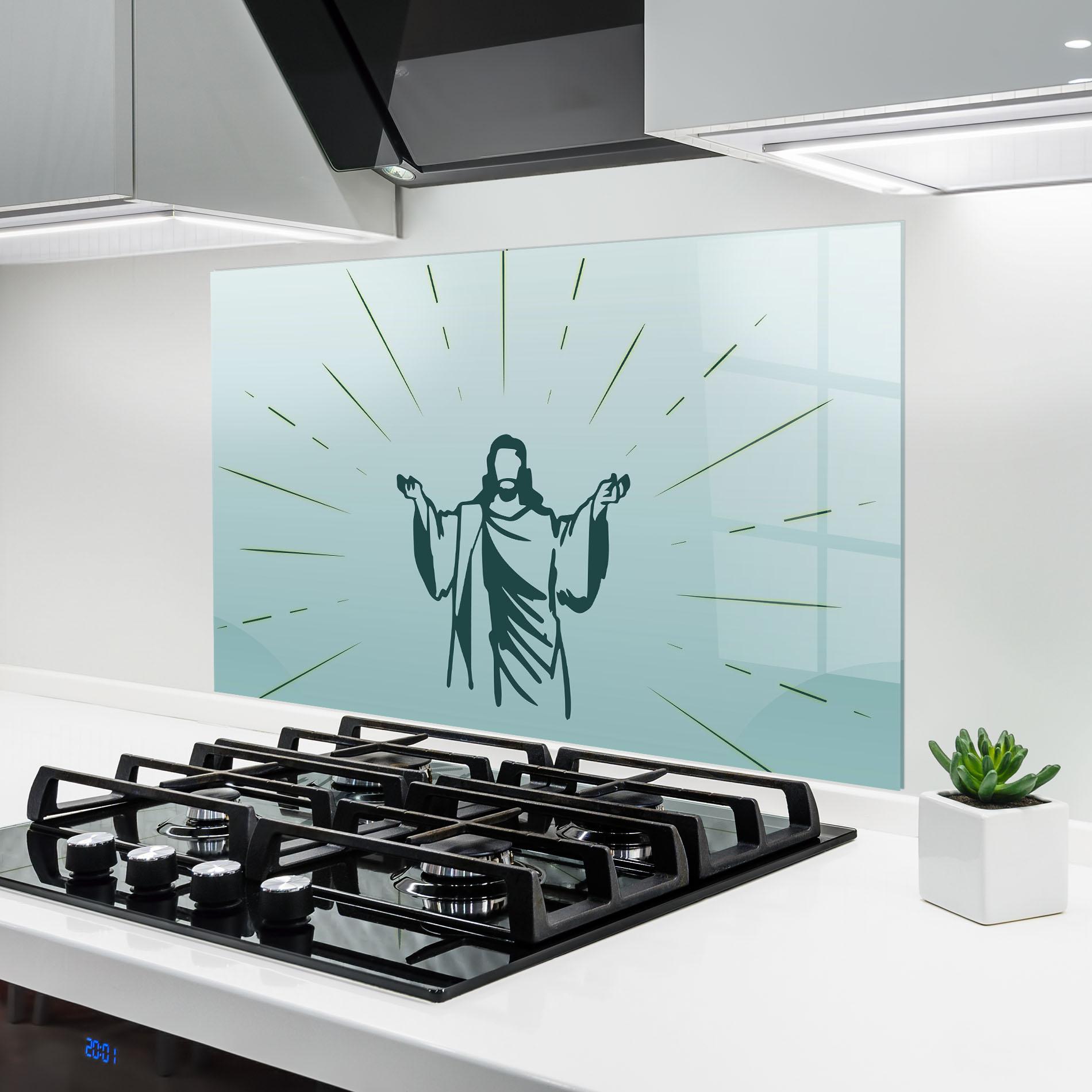 Küchenrückwand Glas Blue Art Jesus mockup 6