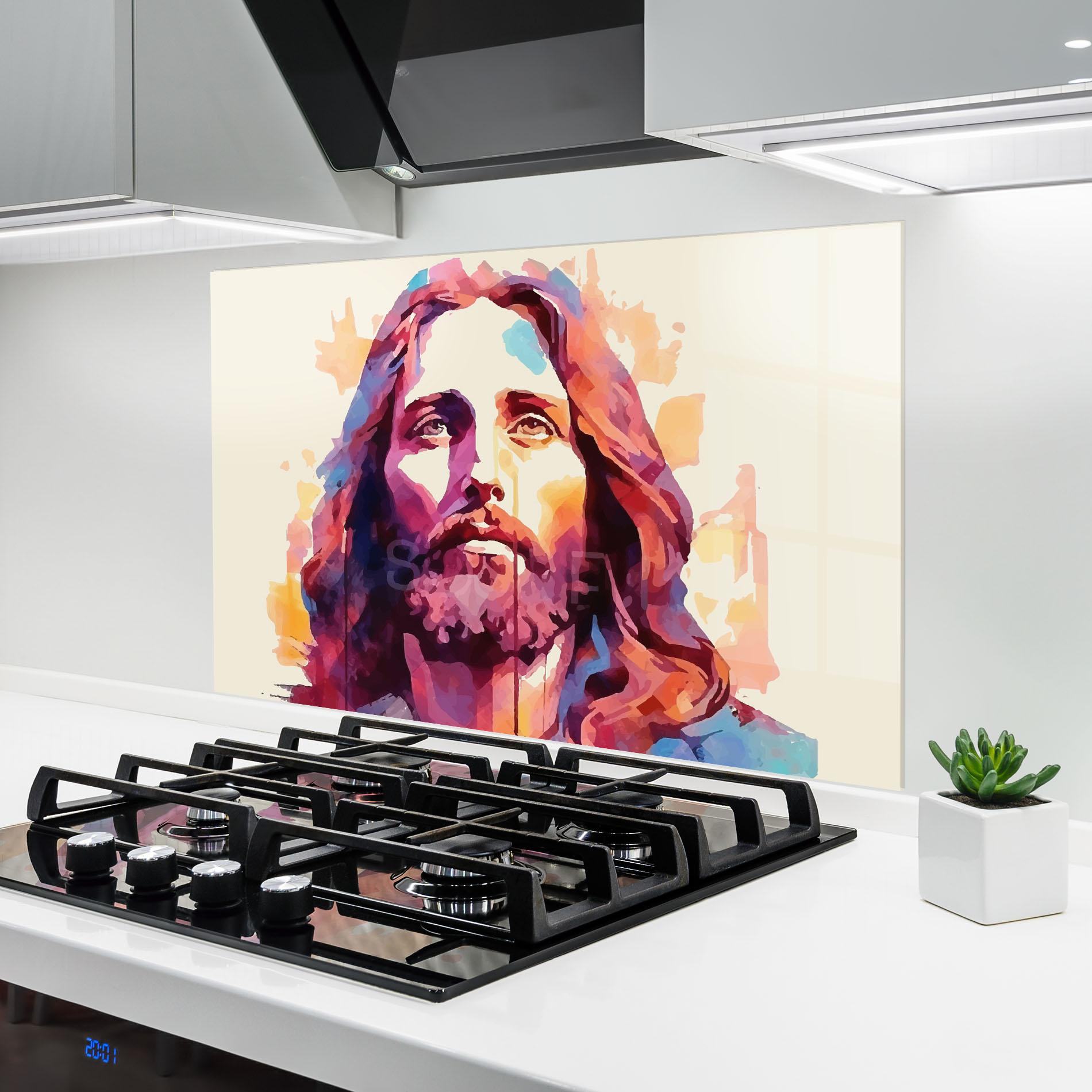 Küchenrückwand Glas Color Jesus mockup 6