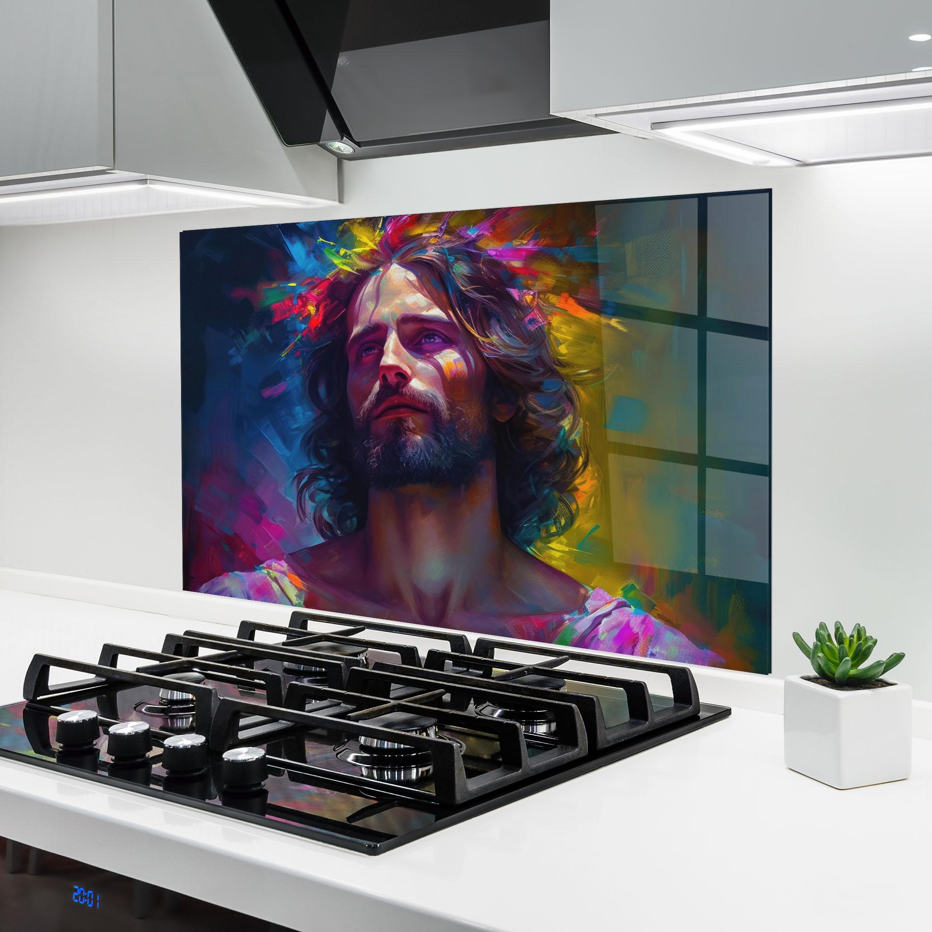 Küchenrückwand Glas Colorful Creative Jesus mockup 6