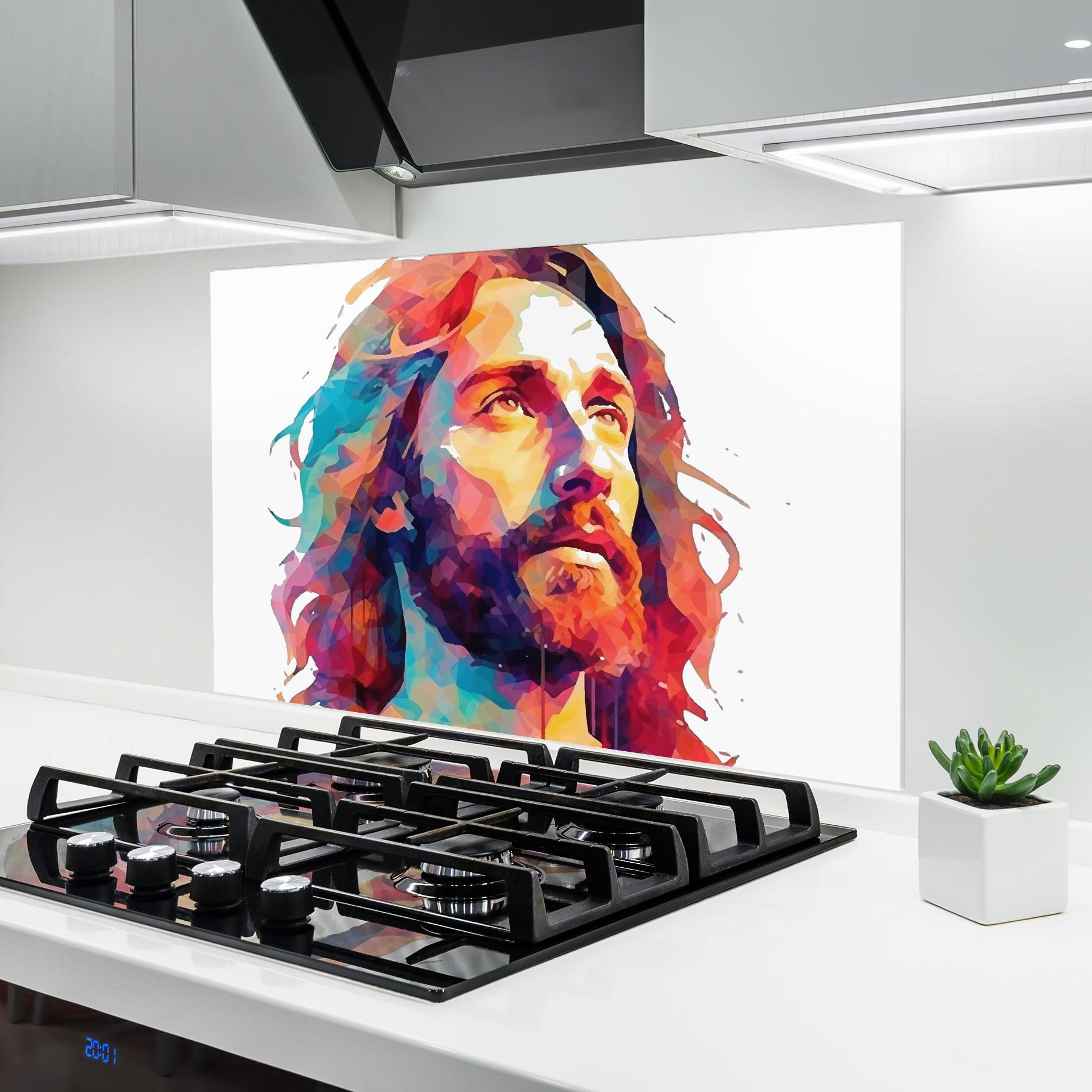 Küchenrückwand Glas Colorful Jesus mockup 6