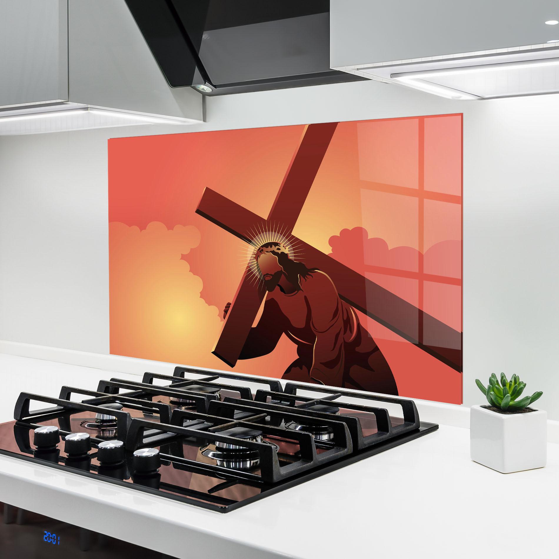 Küchenrückwand Glas Holding The Cross mockup 6