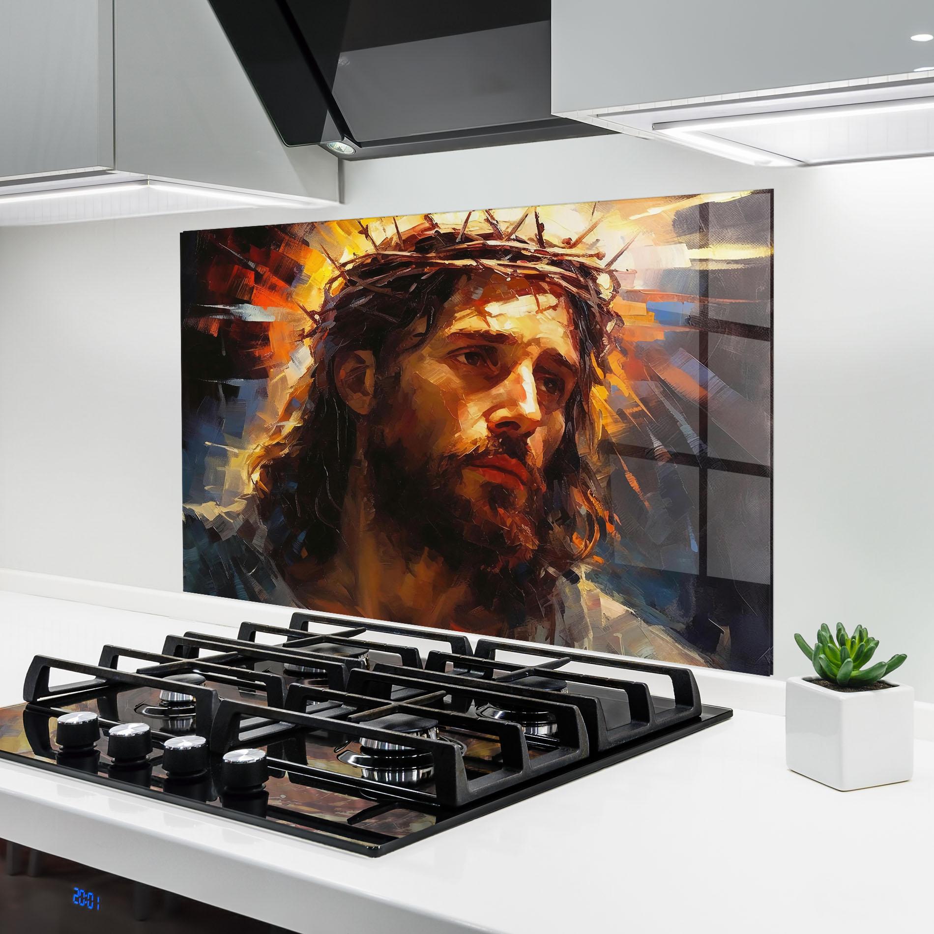 Küchenrückwand Glas Jesus Crown mockup 6