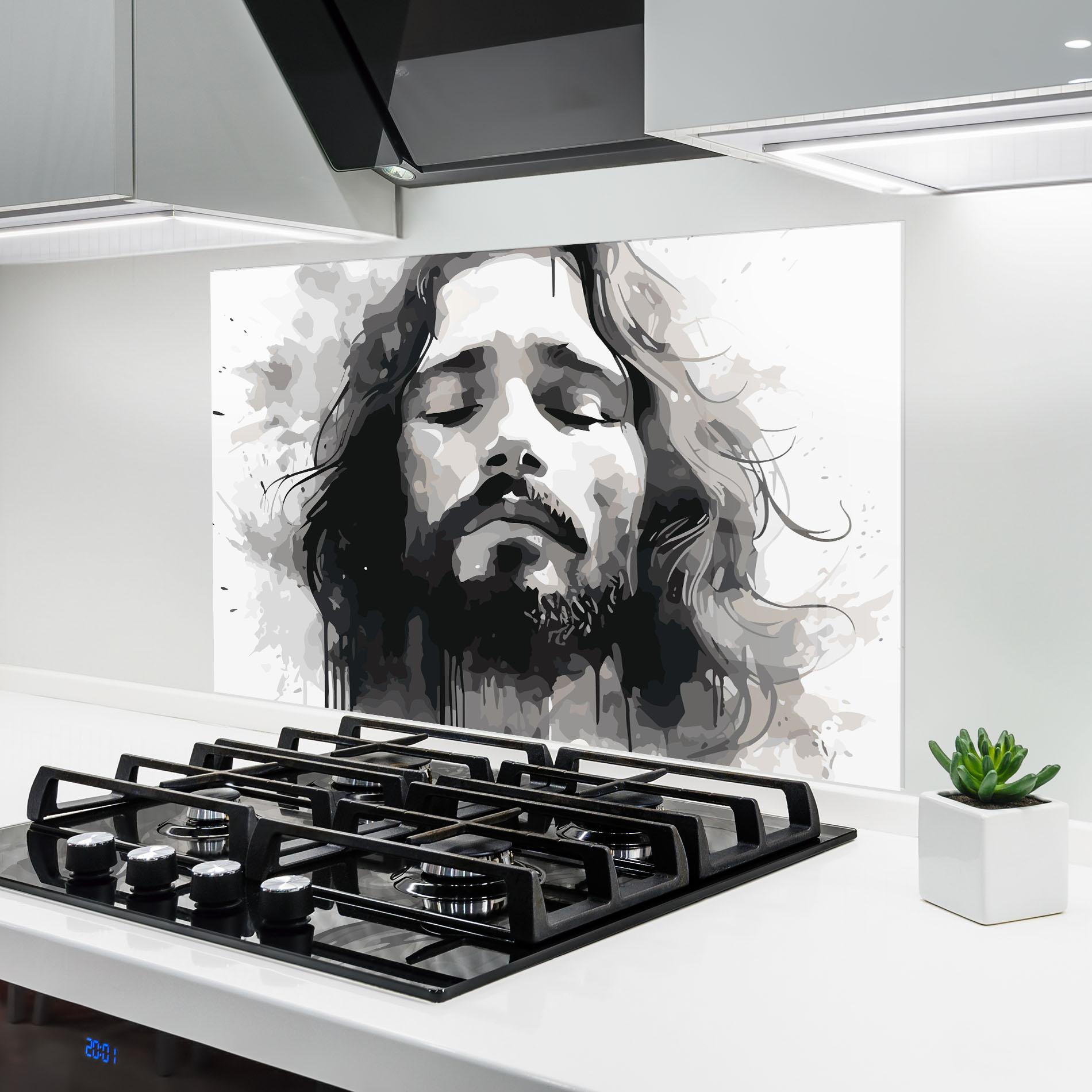 Küchenrückwand Glas Jesus Ink Art mockup 6