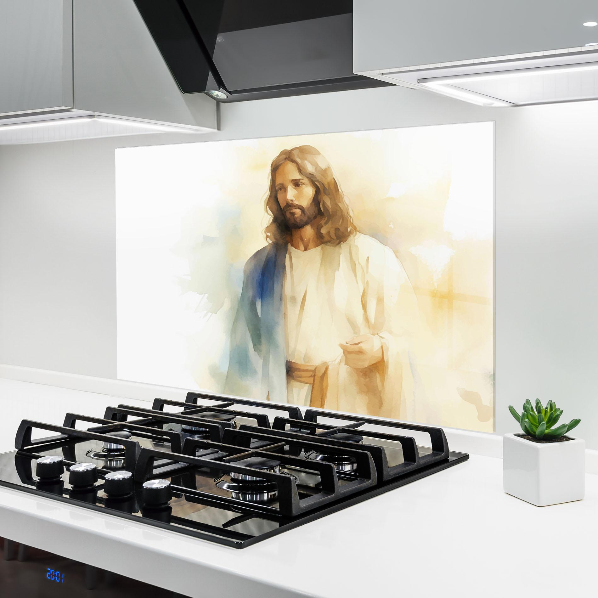 Küchenrückwand Glas Jesus Light Art mockup 6