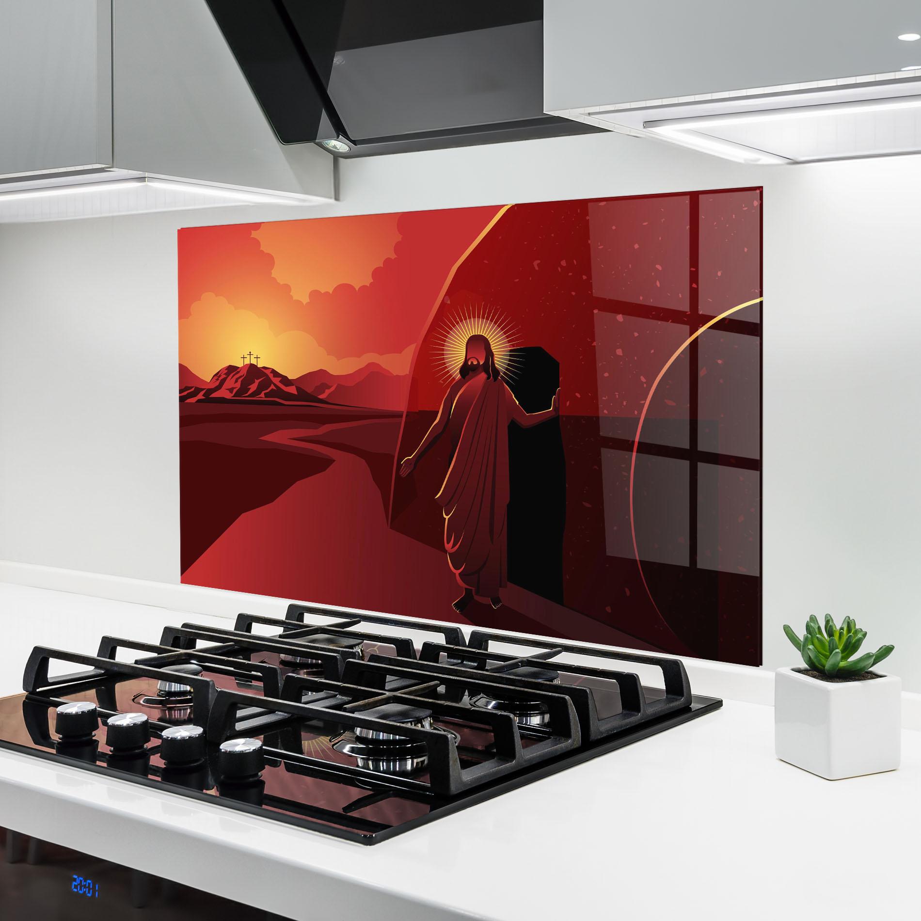 Küchenrückwand Glas Jesus Rises mockup 6