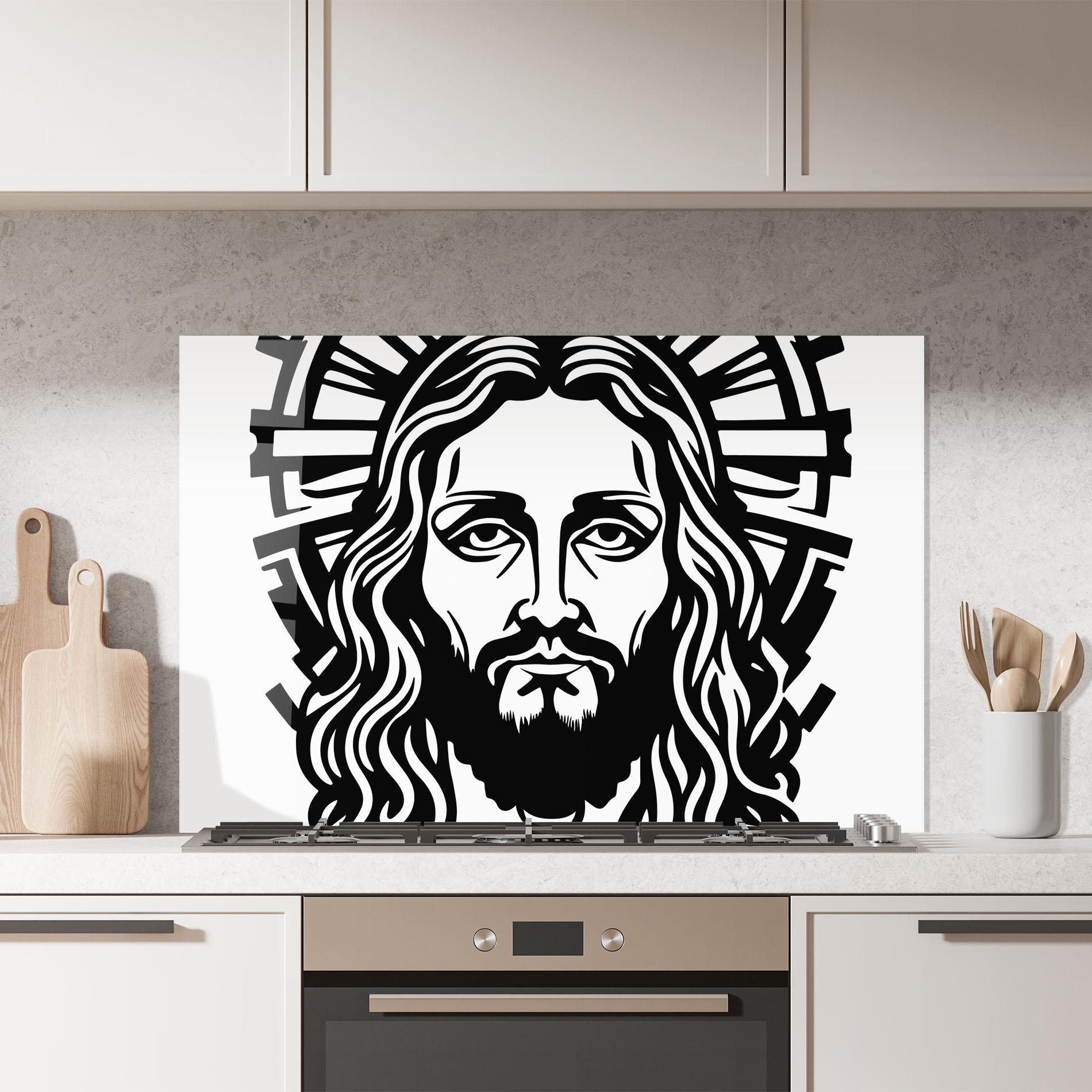 Küchenrückwand Glas Black Line Jesus mockup 7