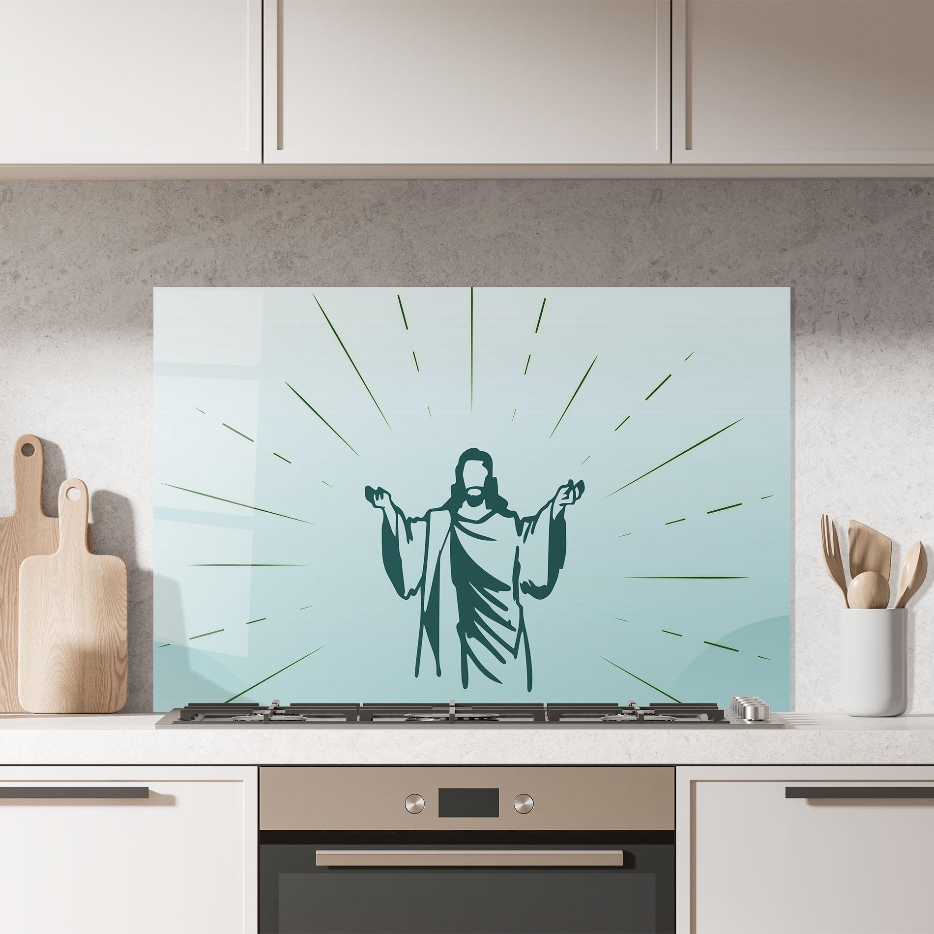Küchenrückwand Glas Blue Art Jesus mockup 7