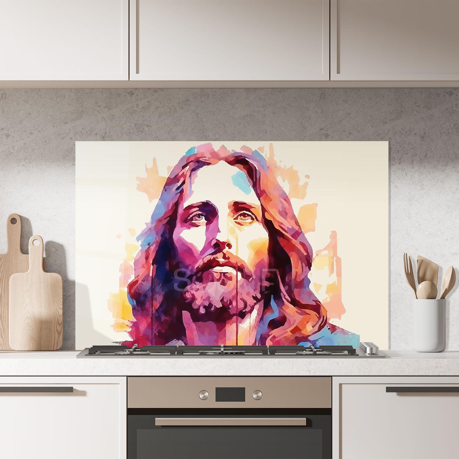 Küchenrückwand Glas Color Jesus mockup 7