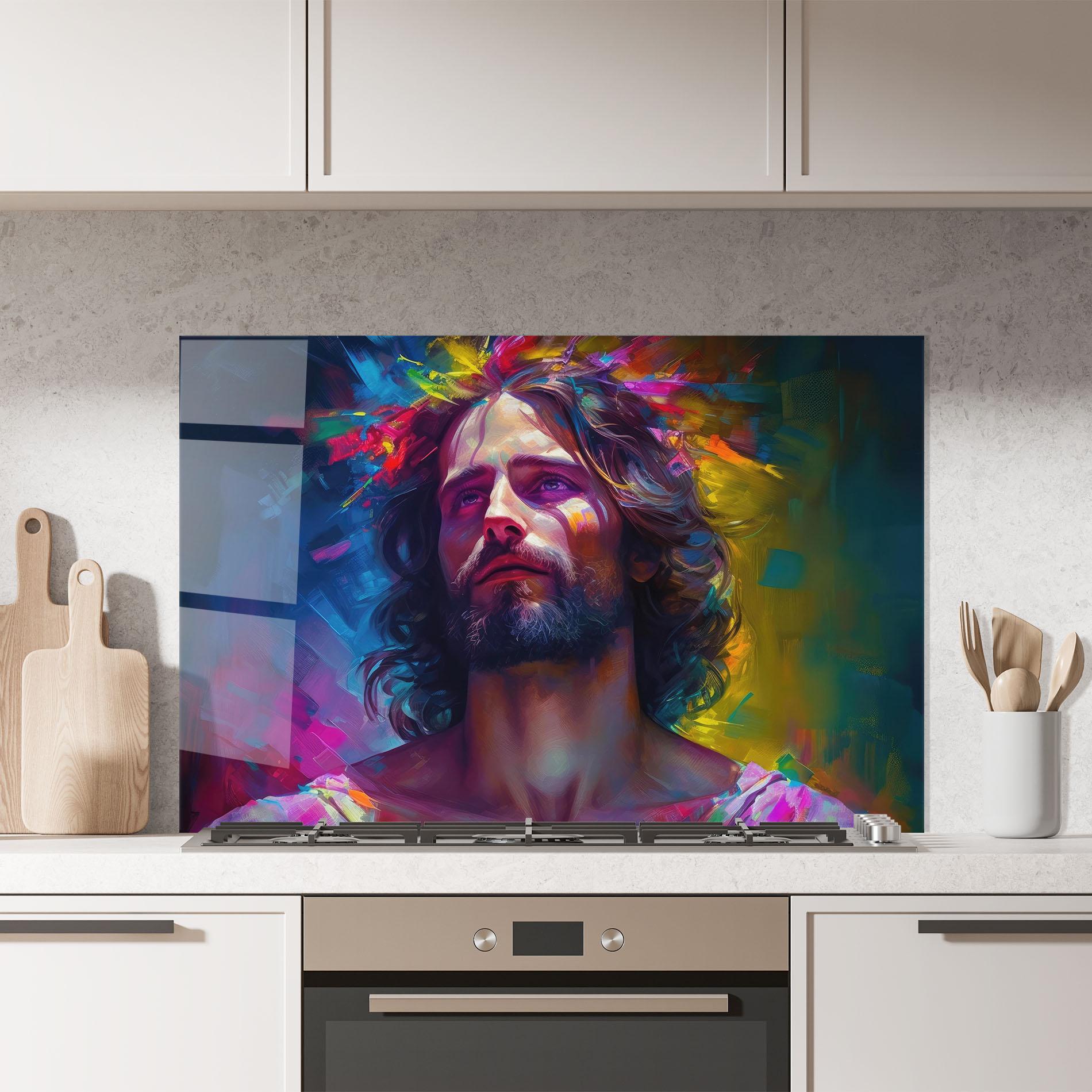 Küchenrückwand Glas Colorful Creative Jesus mockup 7
